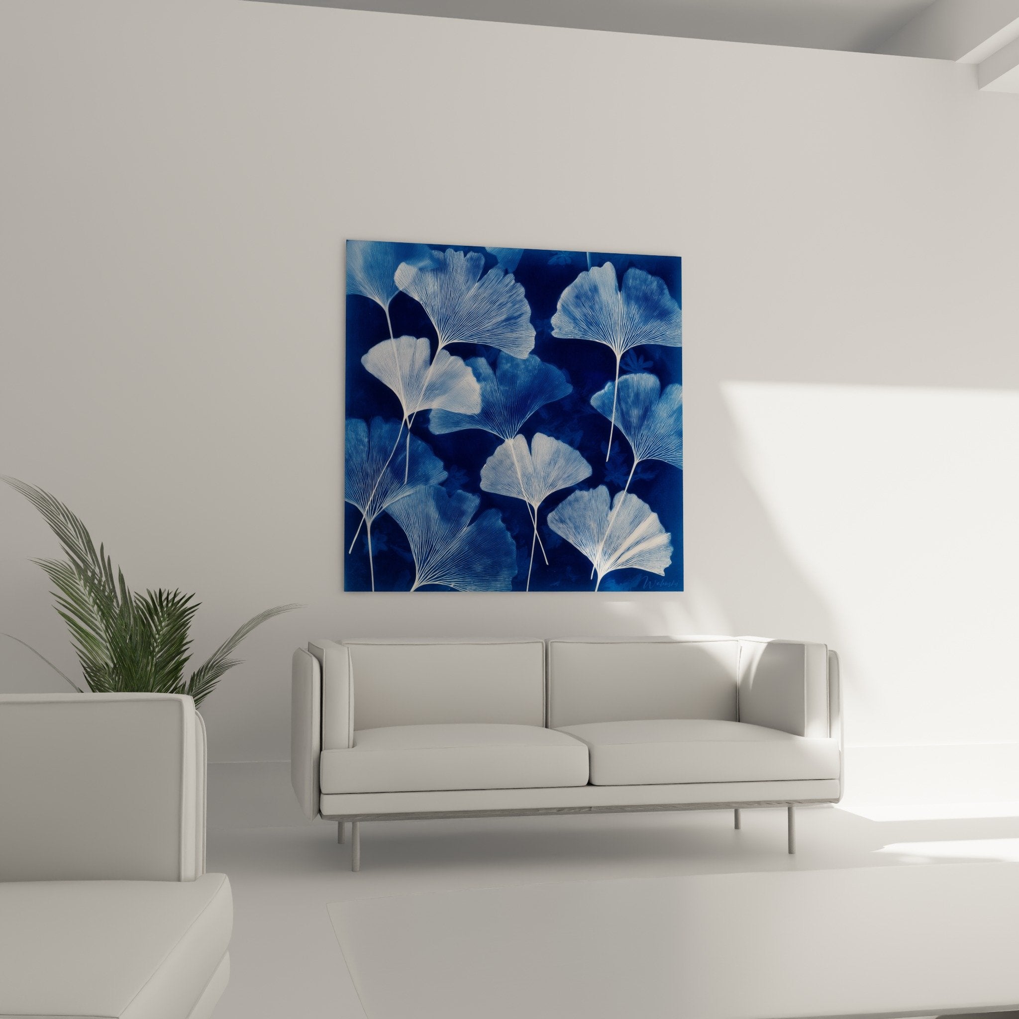 Detail weiße Rippen Ginkgo-Blätter dunkelblau moderne künstlerische Cyanotyp-Technik