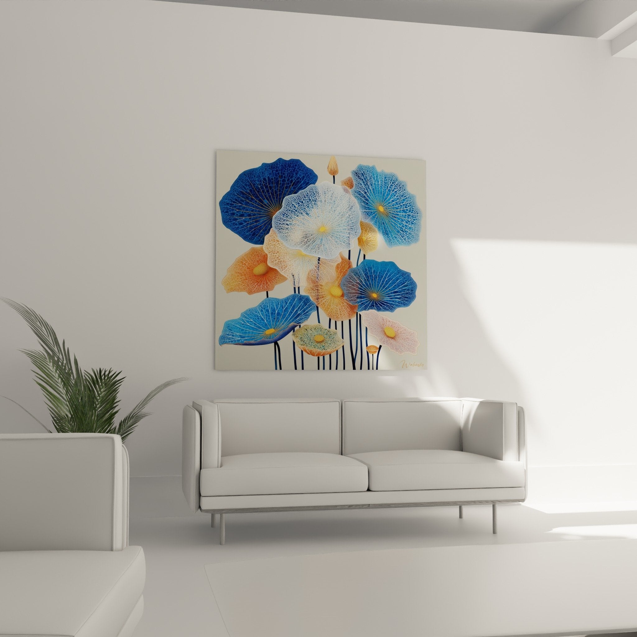 Détail des nervures dorées et motifs dentelle des feuilles de nénuphars bleus sur tableau artistique