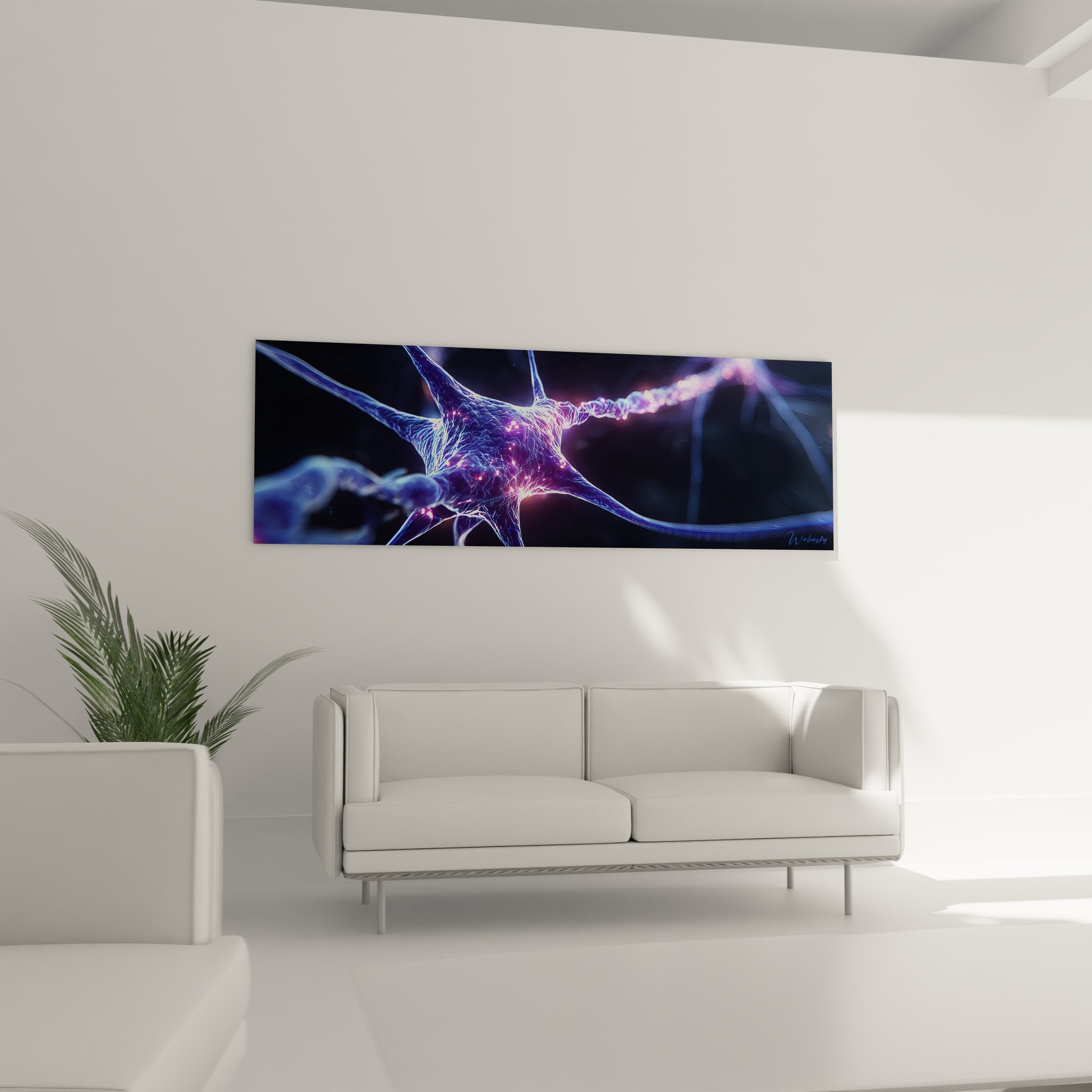 Gros plan tableau neuronal - détails connexions synaptiques et dendrites fluorescentes violettes
