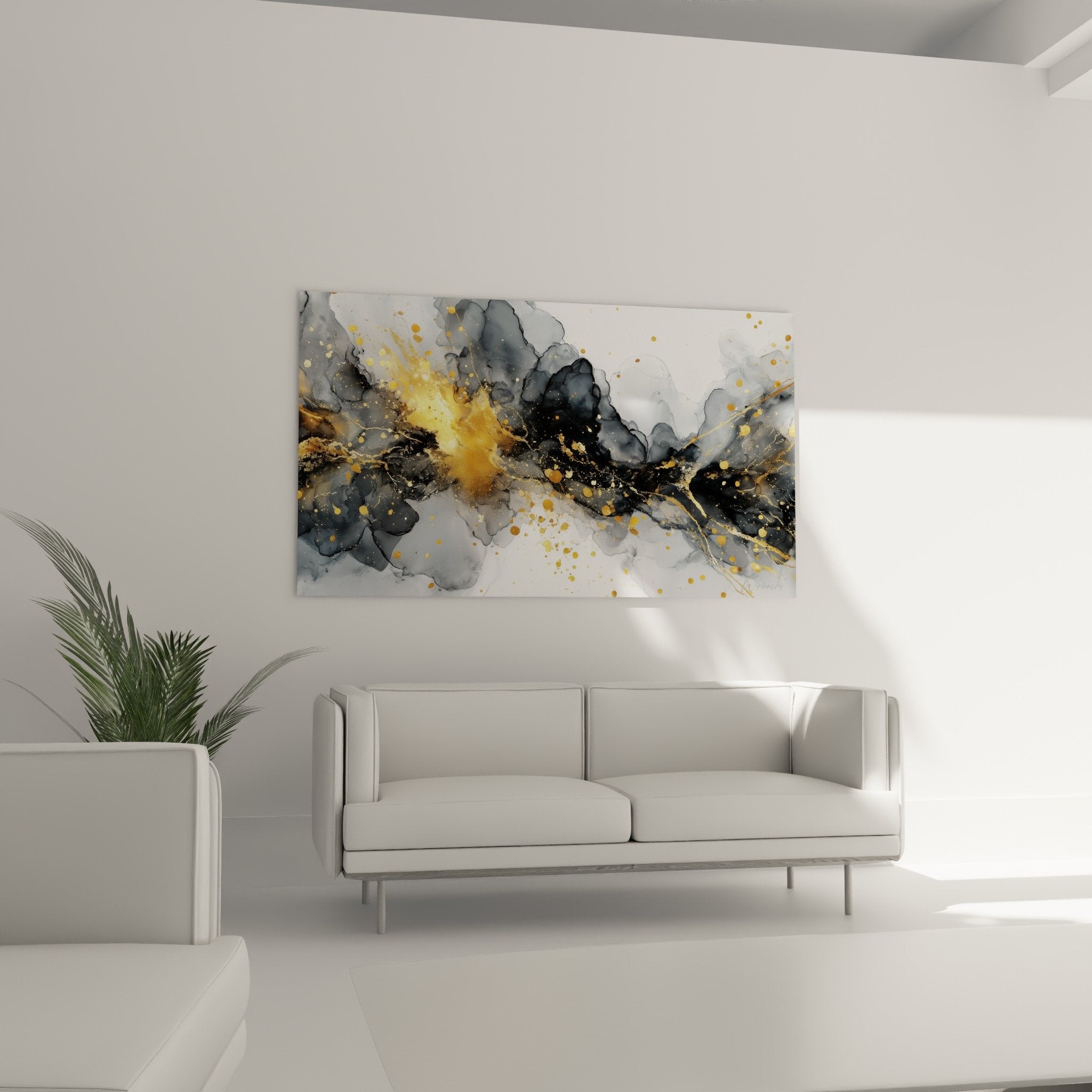Détail rapproché des nuances grises anthracite et projections dorées du tableau marbre abstrait