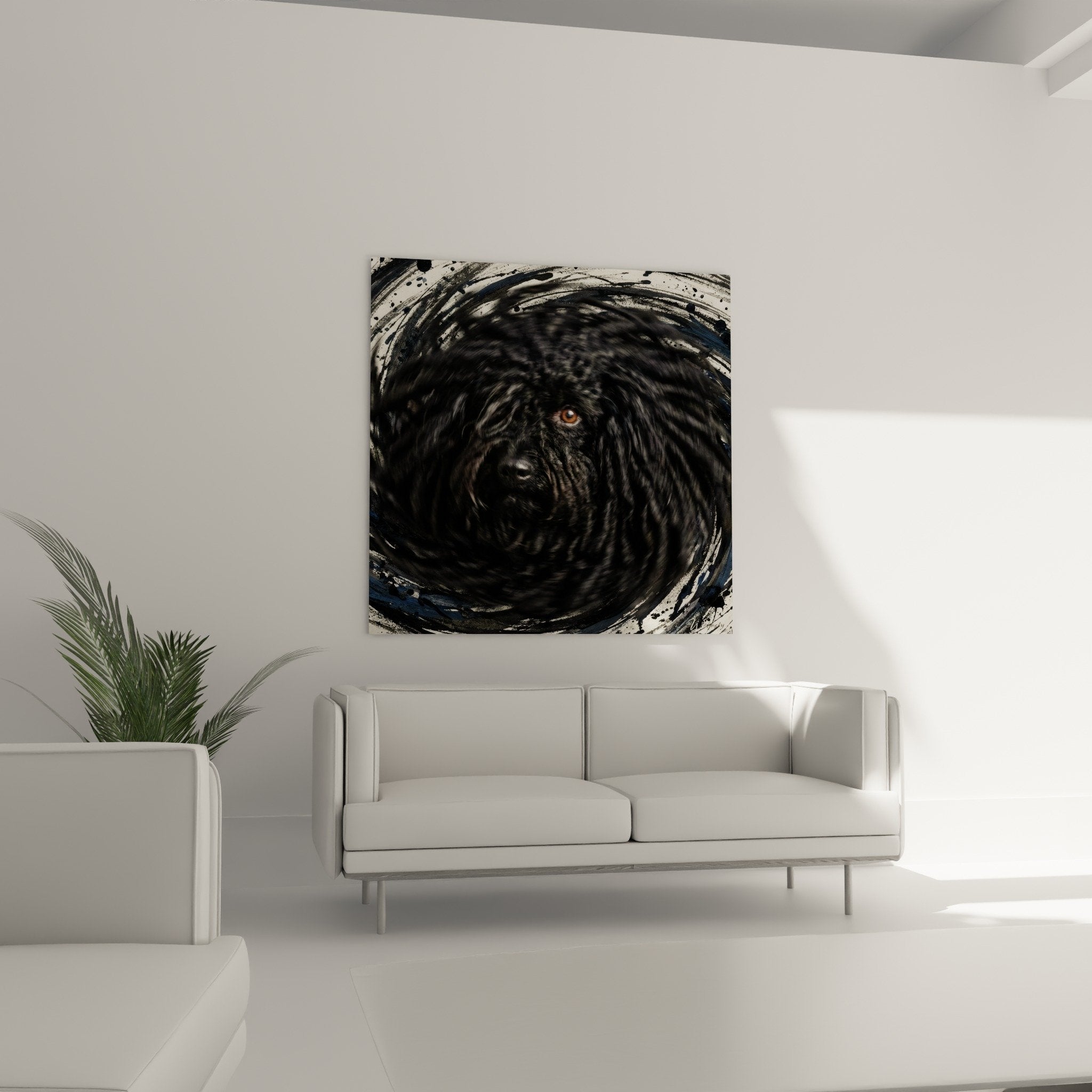 Detail oeil ambre Puli dans spirales grises bleues technique artistique tourbillonnante portrait chien
