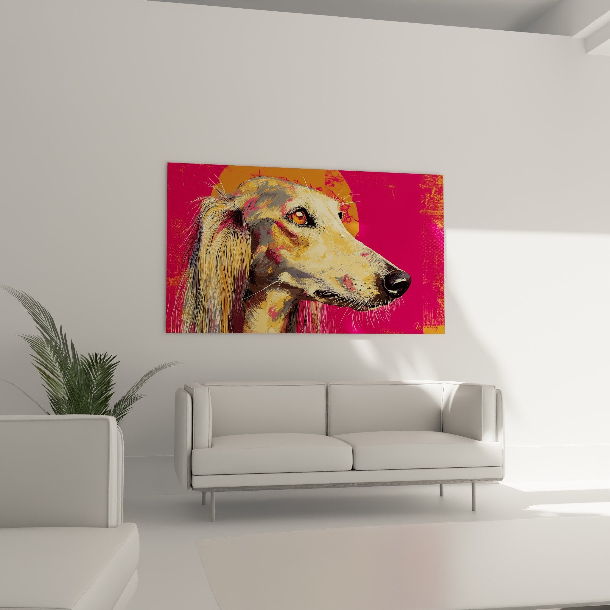 Détail œil ambré et pelage soyeux du Saluki - Gros plan portrait artistique tons dorés et roses
