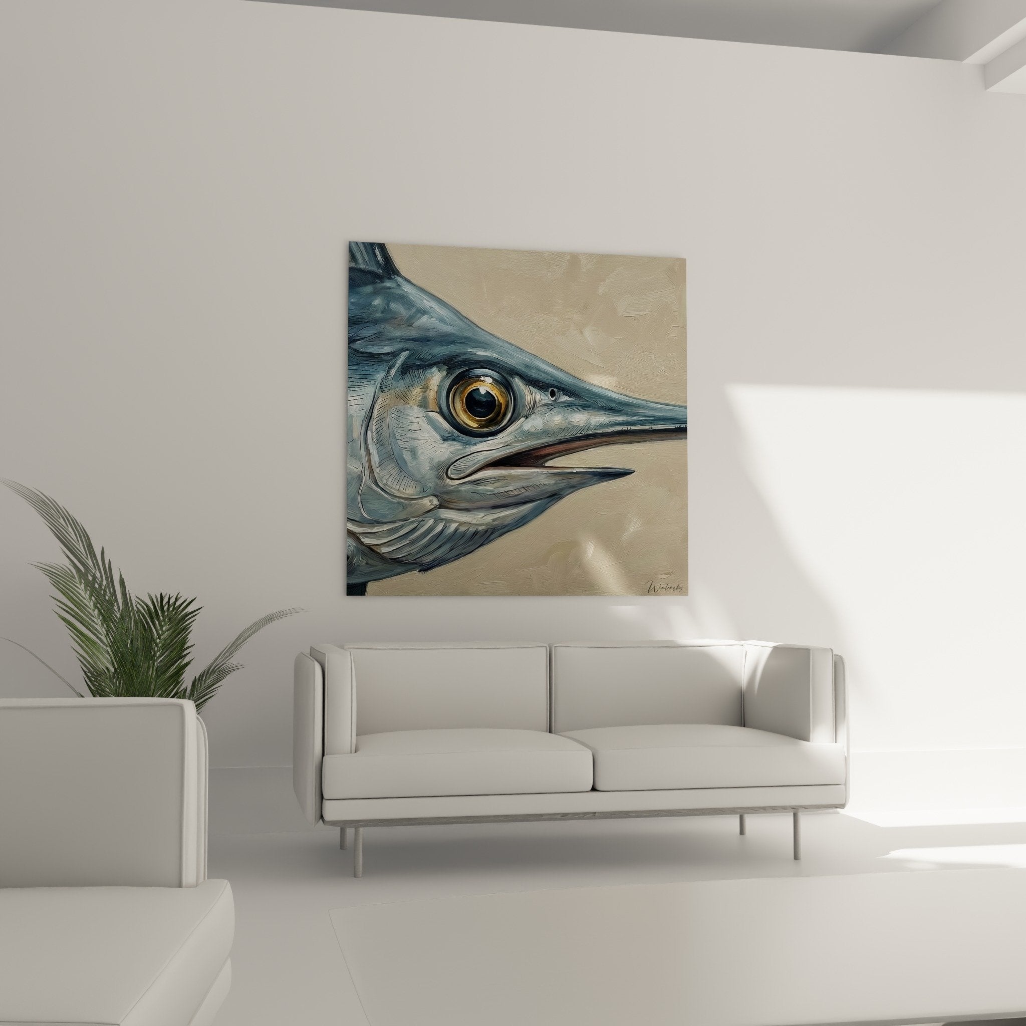 Detailaufnahme goldenes Auge Schwertfisch Gemälde Textur Impasto spitz zulaufender Rostrum realistische künstlerische Technik
