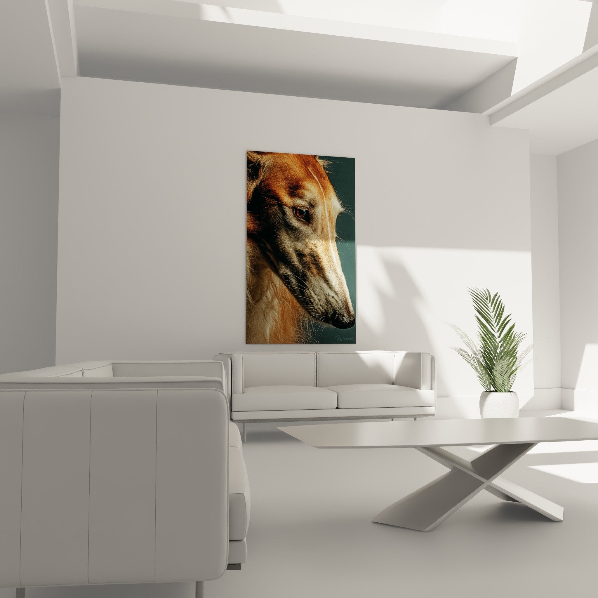 Détail portrait Barzoi : œil ambré expressif et pelage doré aux reflets cuivrés, technique hyperréaliste