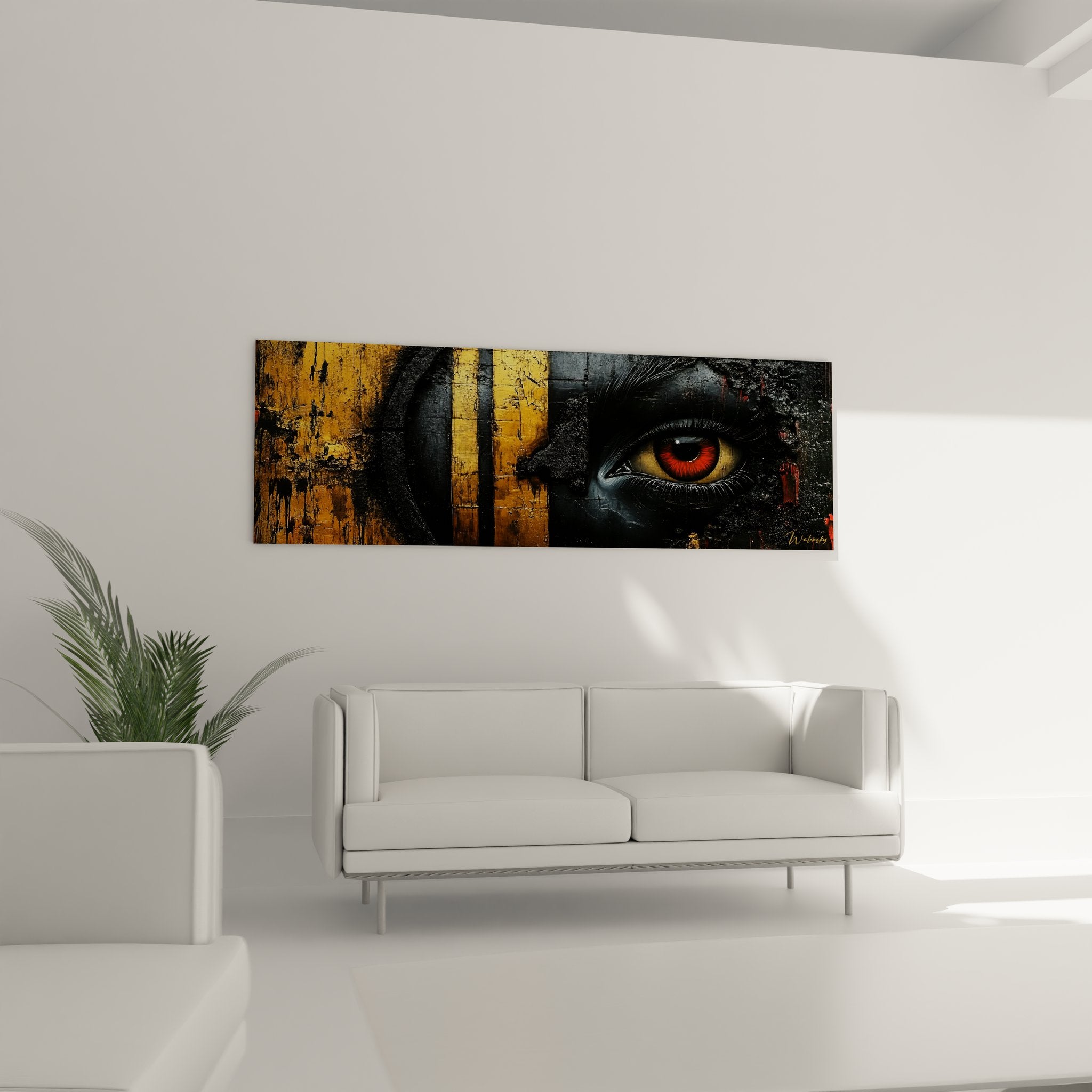 Détail gros plan œil réaliste du tableau mystique moderne, iris doré et textures abstraites patinées