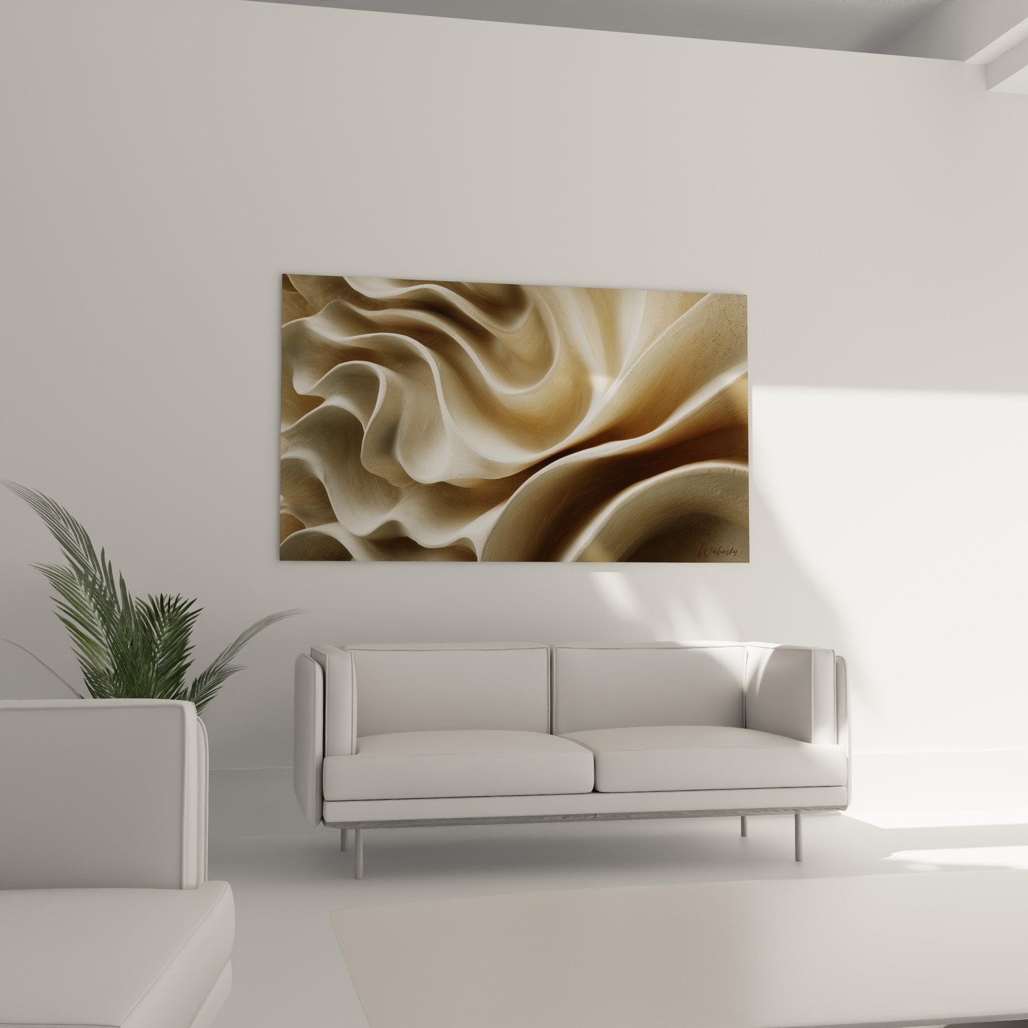Détail ondulations beige crème, texture textile sculptée, jeux ombres et lumière, relief soyeux contemporain