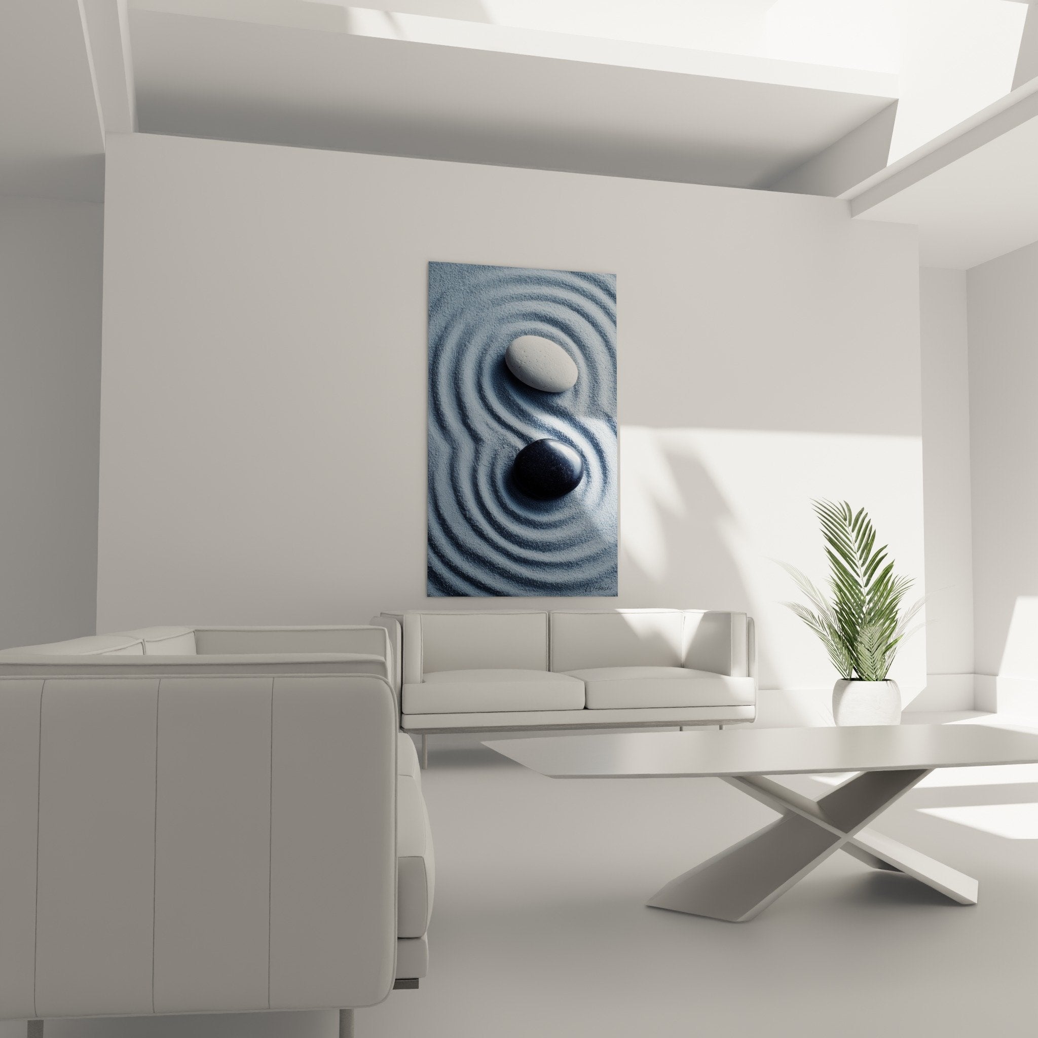 Gros plan sur les ondulations parfaites du sable bleu entourant les pierres yin yang Edition Sable