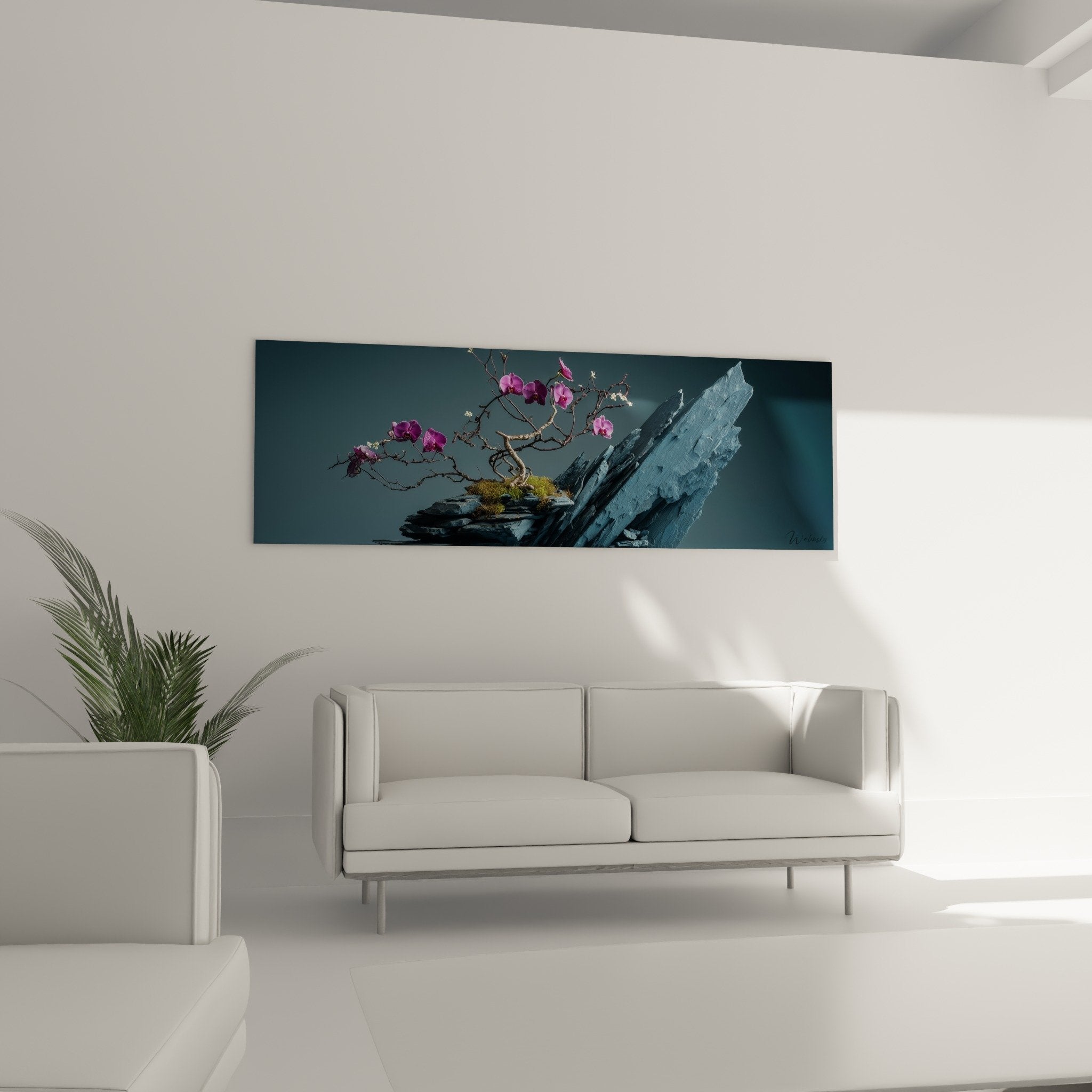 Detail purple orchids natural slate stone texture floral composition zen Japanese ikebana art