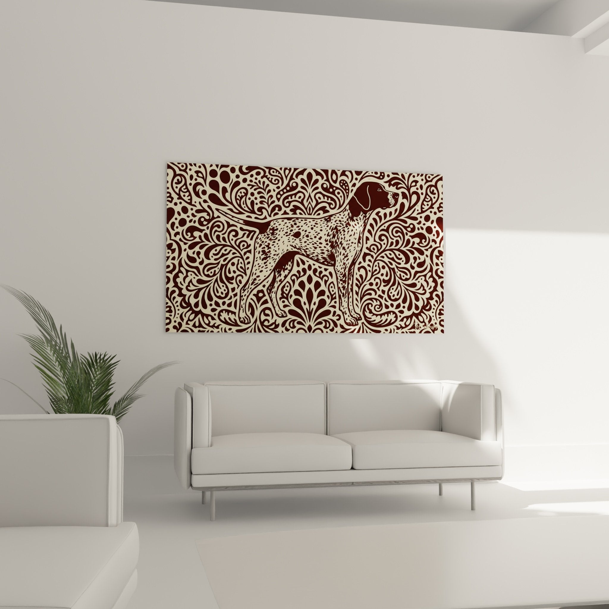 Détail rapproché ornements floraux bordeaux et pelage tacheté Pointer Anglais style décoratif