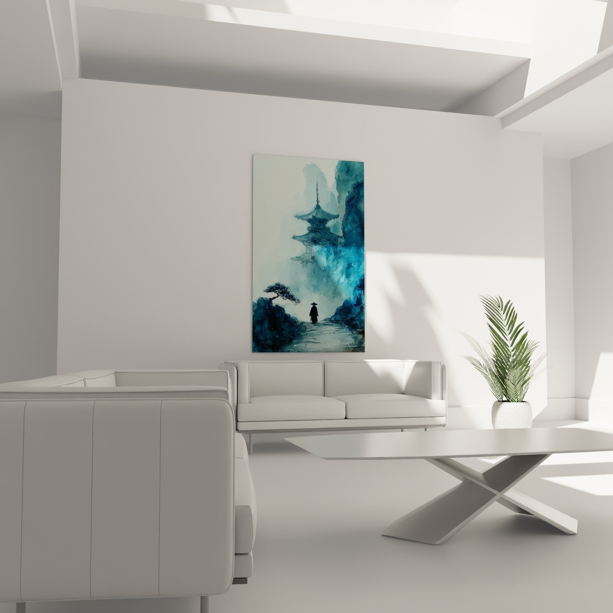 Detail aquarelle pagode bleue brume nuages moine silhouette art zen spirituel mystique