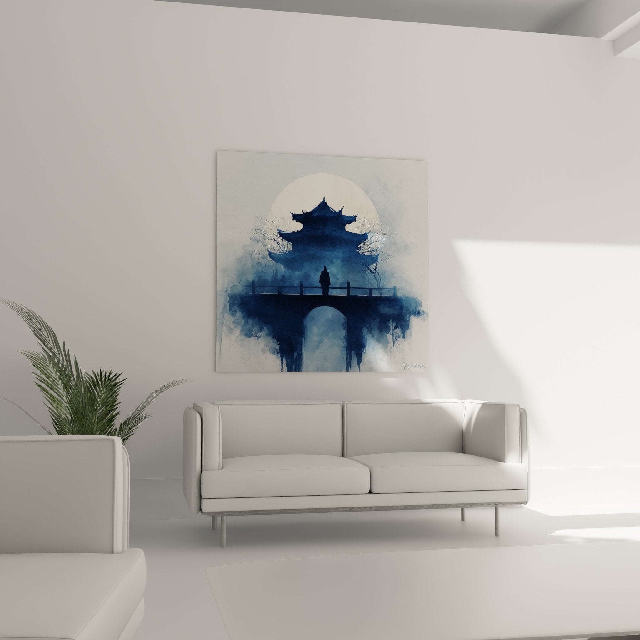 Detail aquarelle pagode architecture traditionnelle tons bleus brume artistique technique fluide art asiatique zoom
