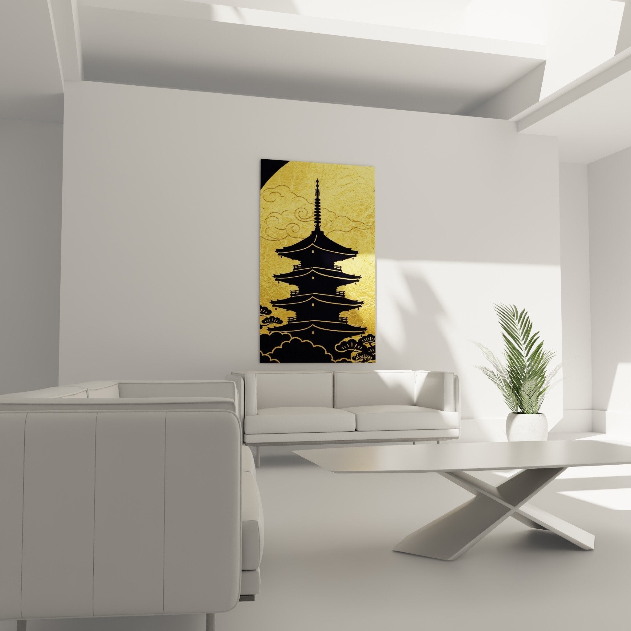 Detail five-tier pagoda Buddhist architecture black silhouette traditional bells golden background