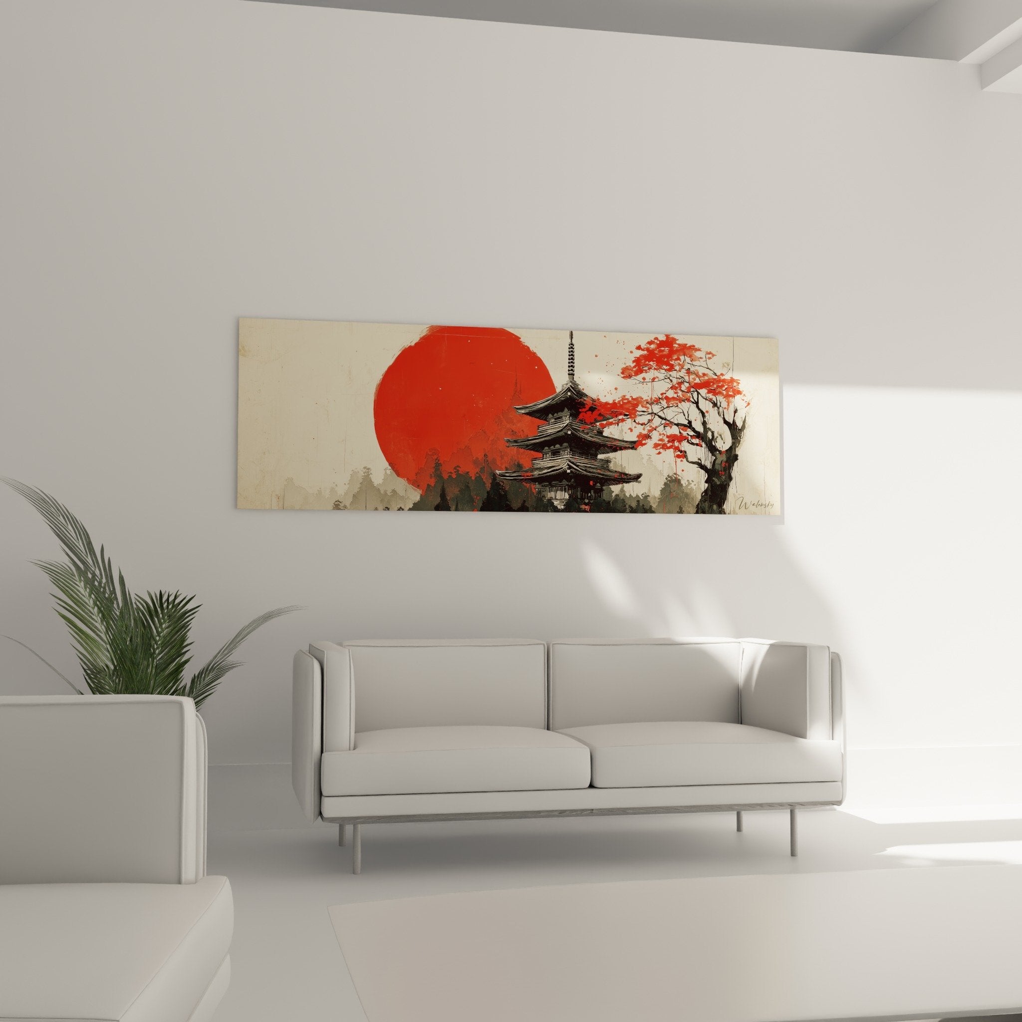 Japanese pagoda architectural detail traditional roofs red sun background