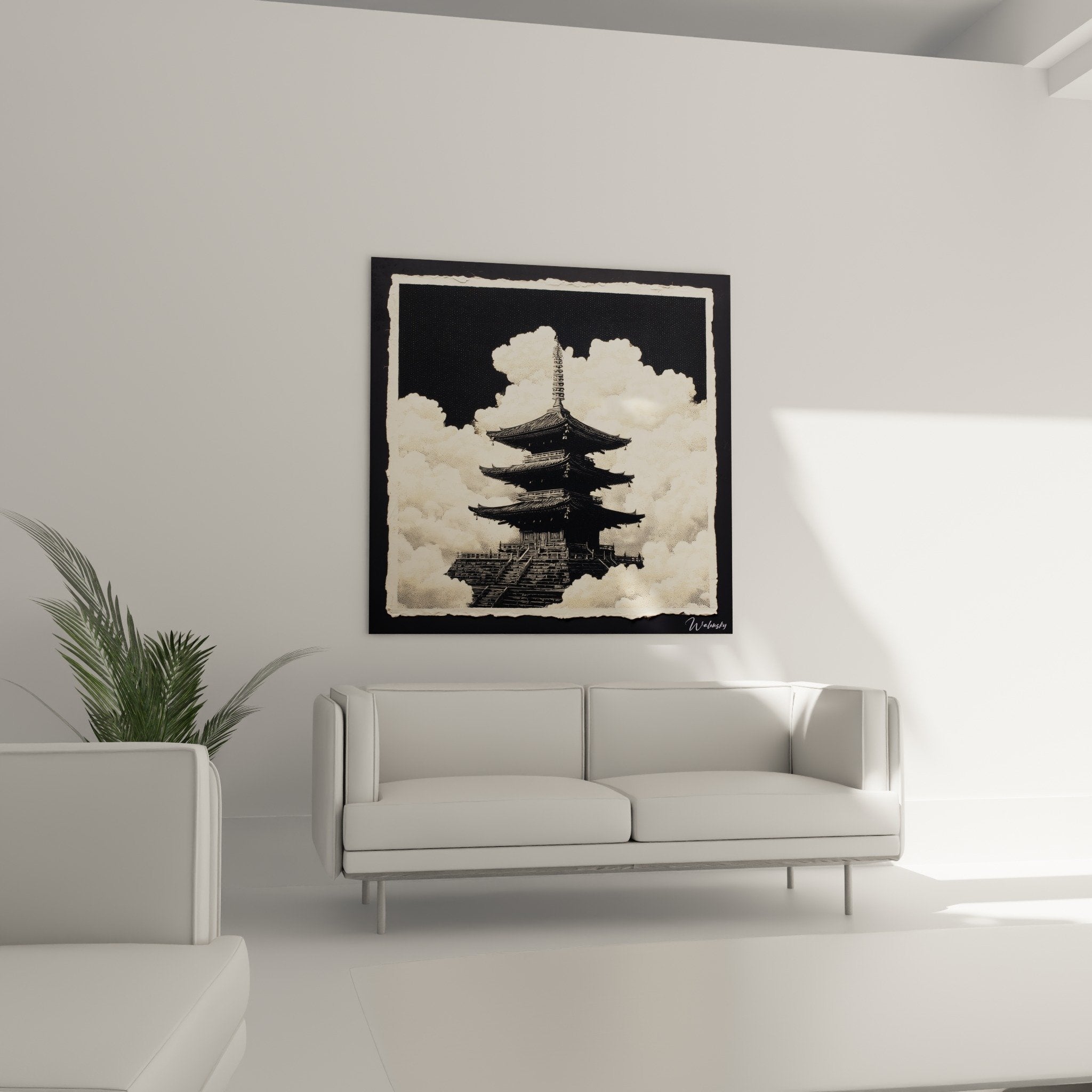 Detail architecture pagode noire toitures courbes traditionnelles sur fond nuages creme texture graphique zen