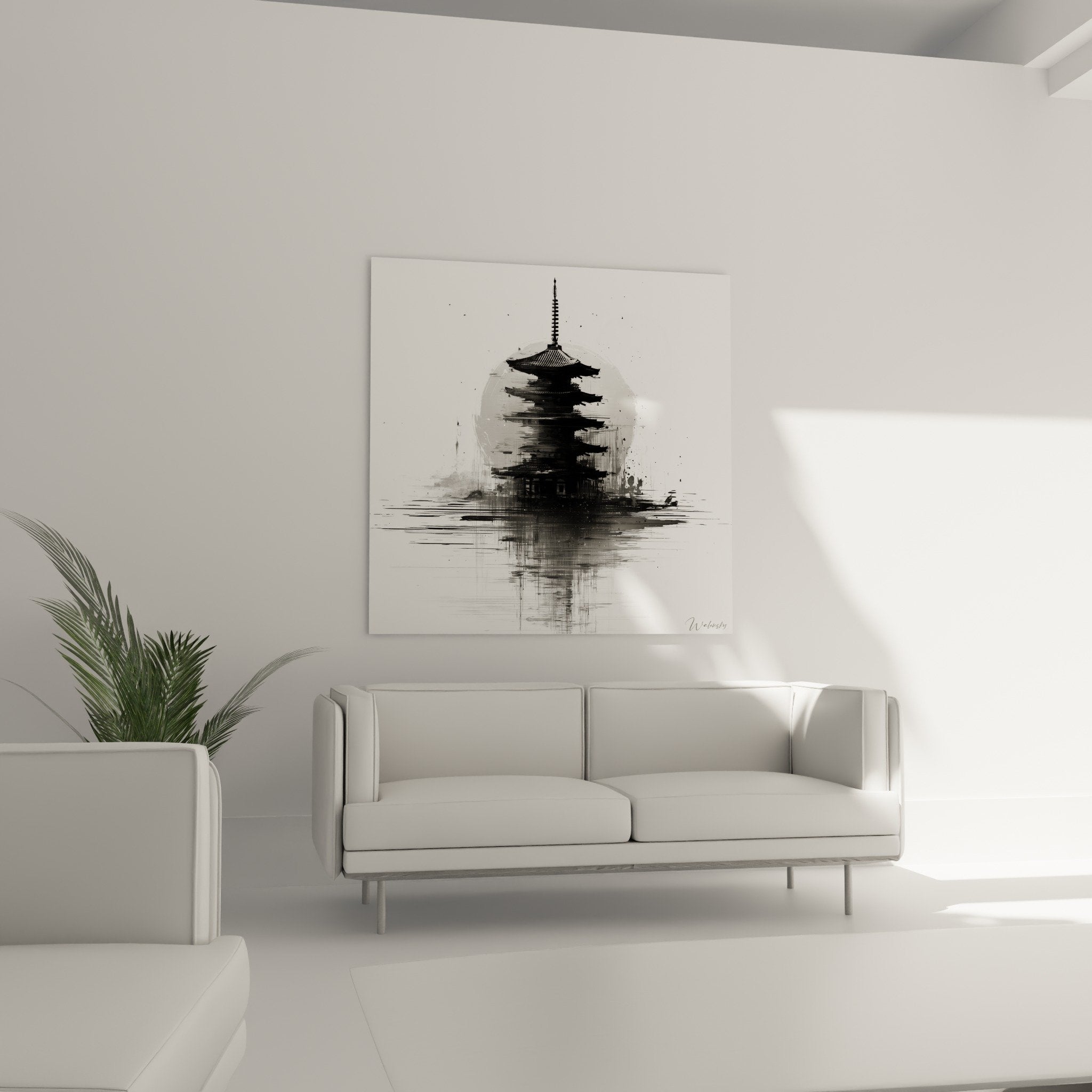 Détail technique aquarelle pagode avec coulures d'encre noire et reflets dans l'eau en noir et blanc