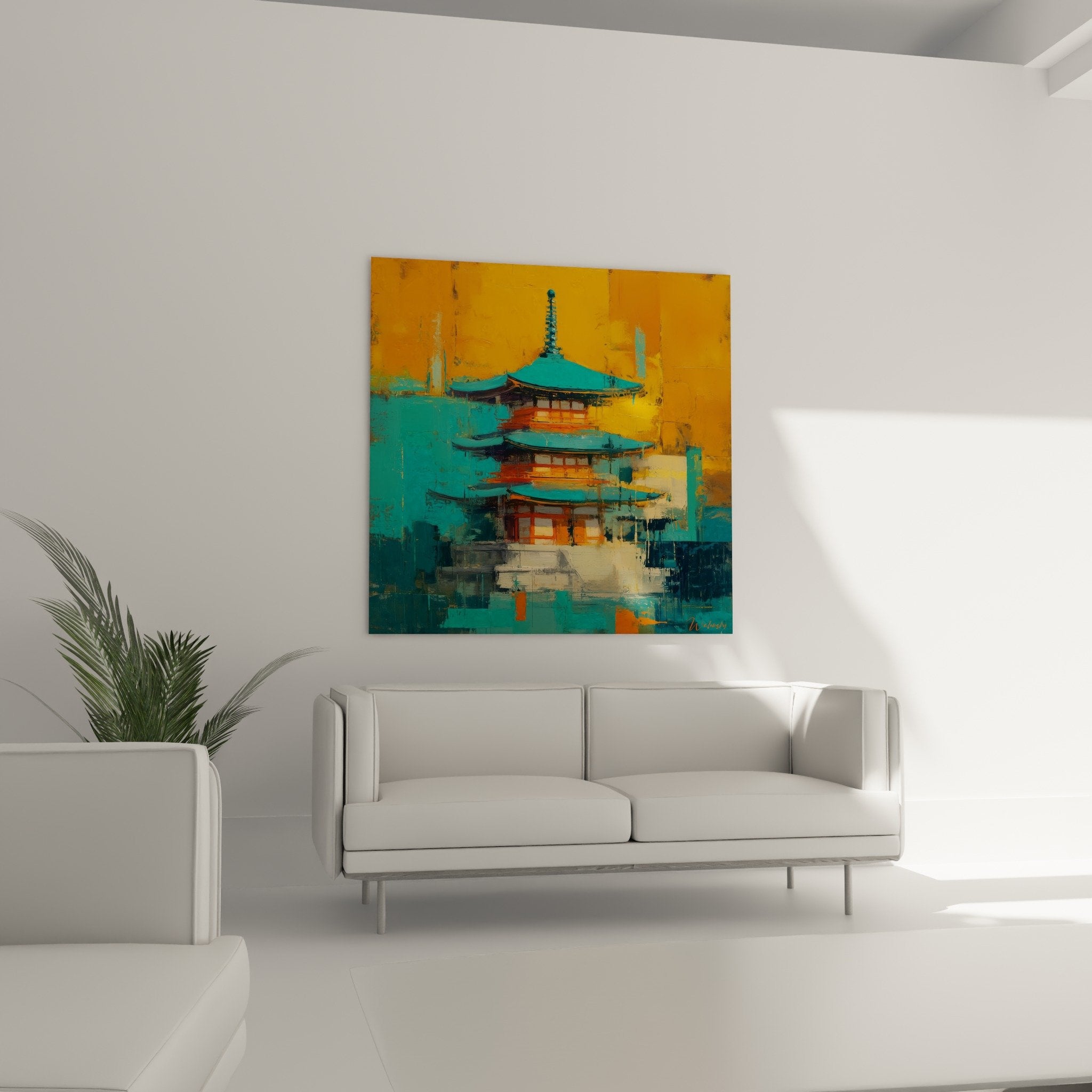 Detail pagode contemporaine peinture turquoise orange texture empâtements architecture