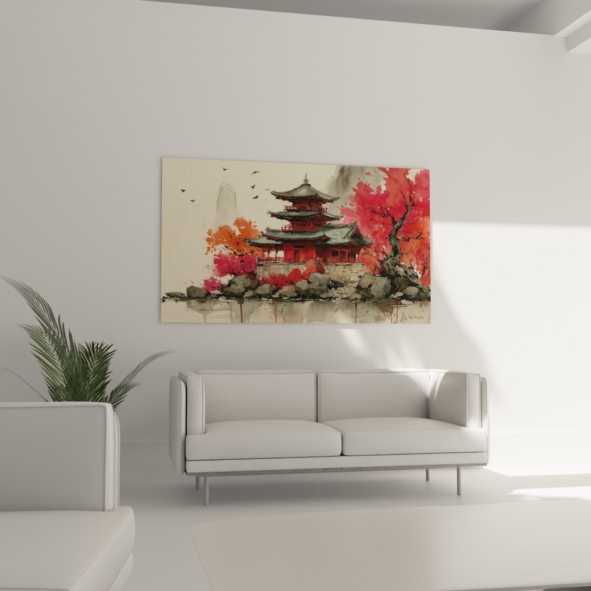 Close-up detail of vermillion red pagoda and pink cherry blossom trees, poetic watercolor technique