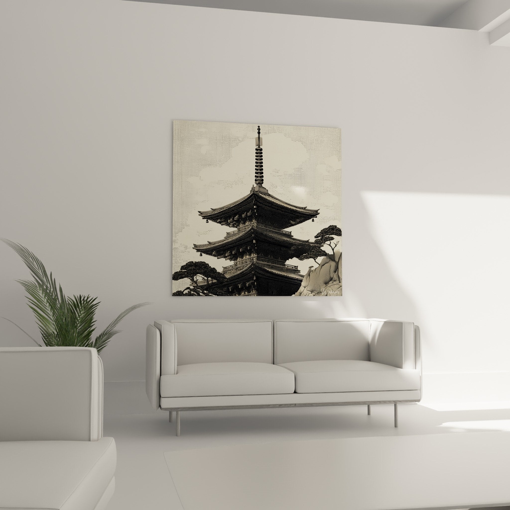 Detail pagode japonaise toits incurves technique pointille noir beige art oriental traditionnel