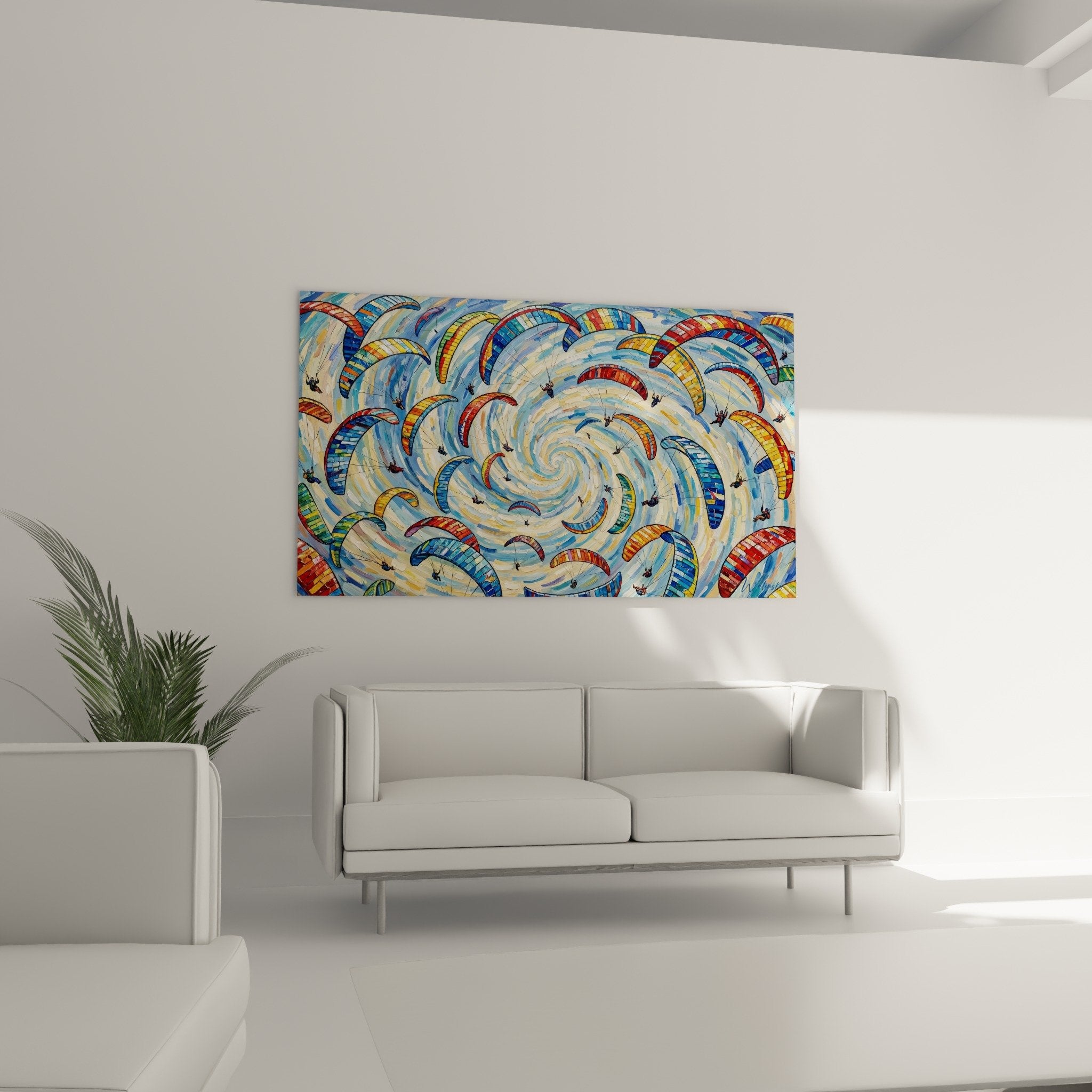 Detail parapentes multicolores rouge bleu spirale texture voiles caissons art contemporain zoom rapproche