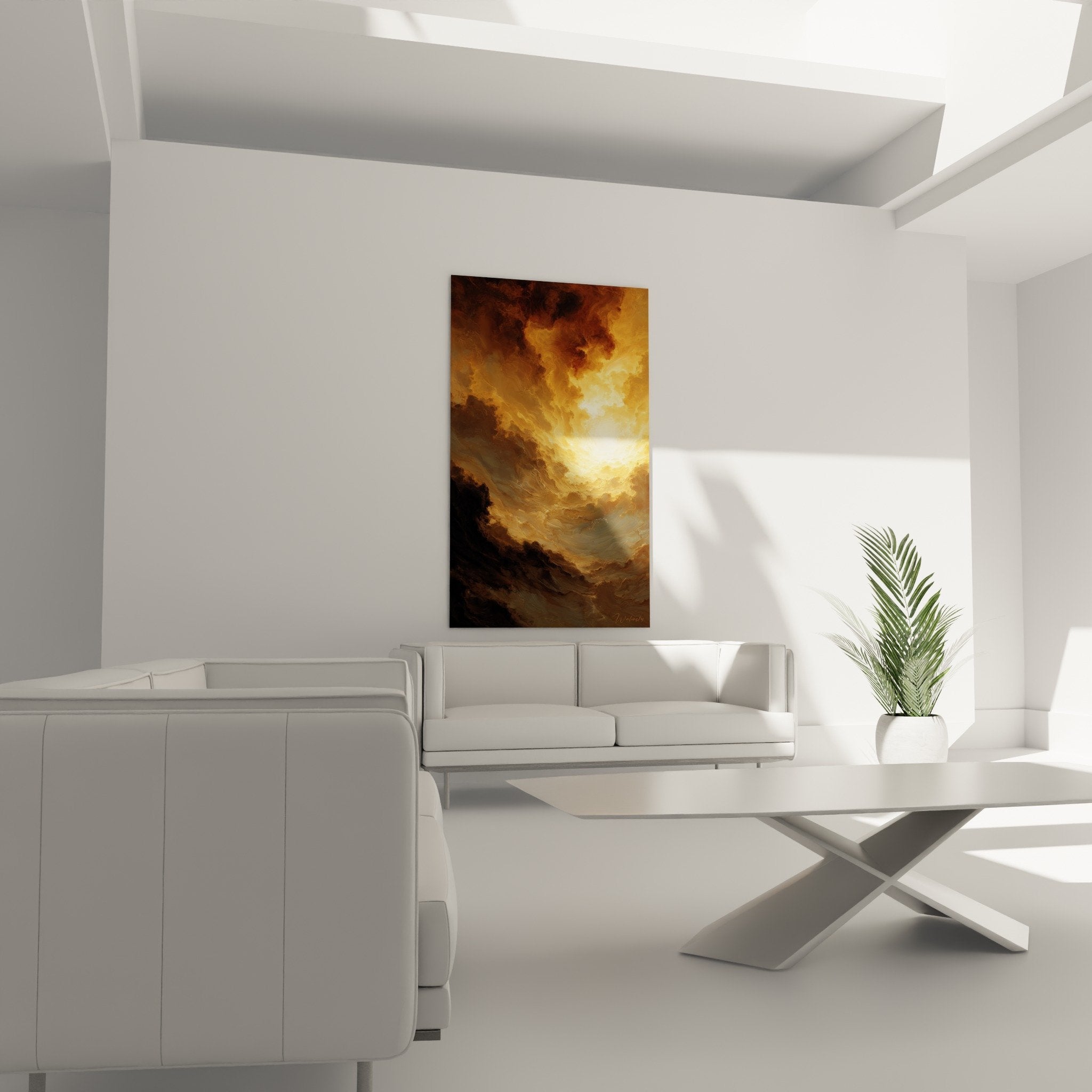 detail tableau paysage dramatique texture nuages dores eclats lumiere tons ocres