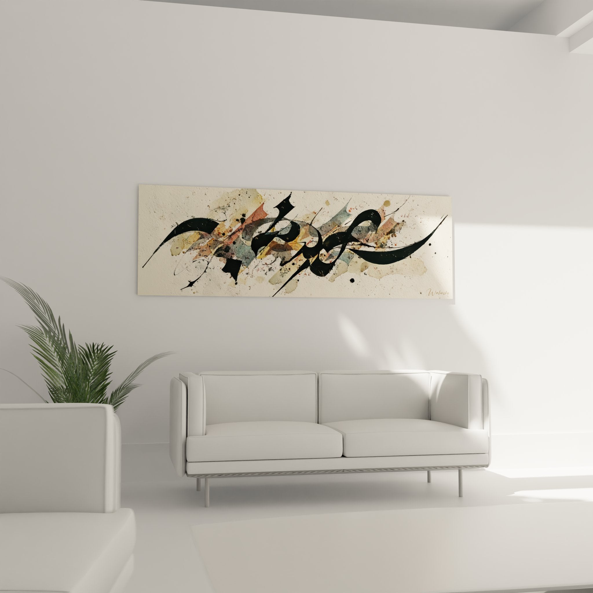 Détail rapproché peinture abstraite calligraphique montrant texture et nuances de couleurs artistiques