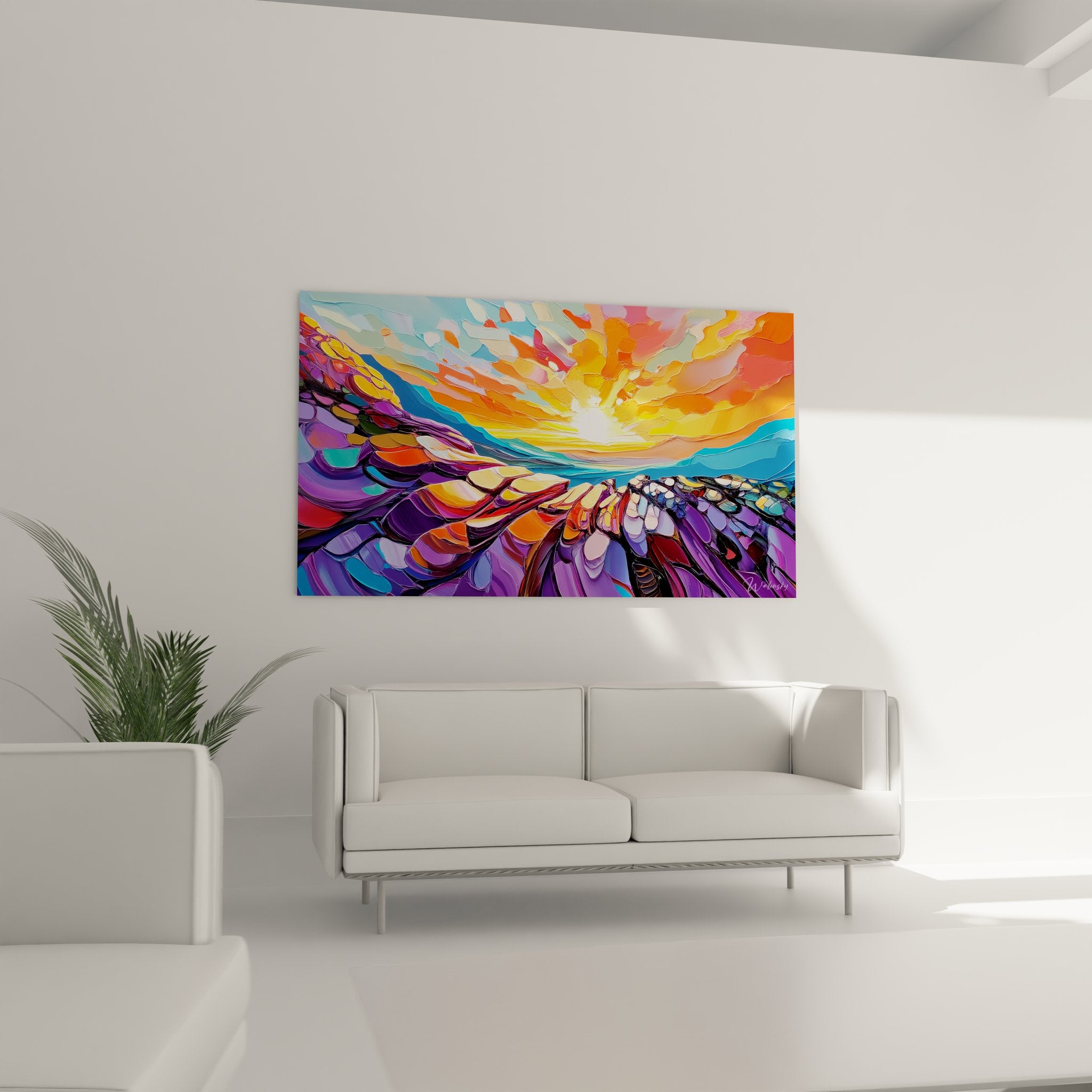 Gros plan détail peinture abstraite coucher soleil texture couleurs orange violet art contemporain