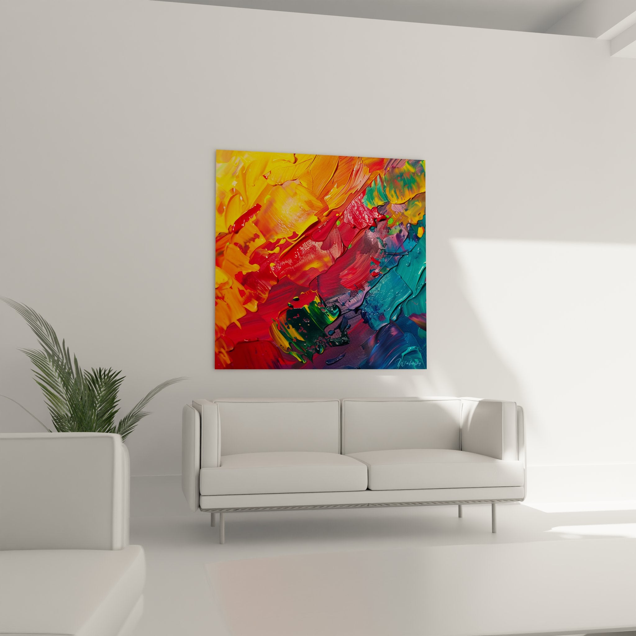 Gros plan détail tableau abstrait multicolore montrant textures peinture et empâtements colorés