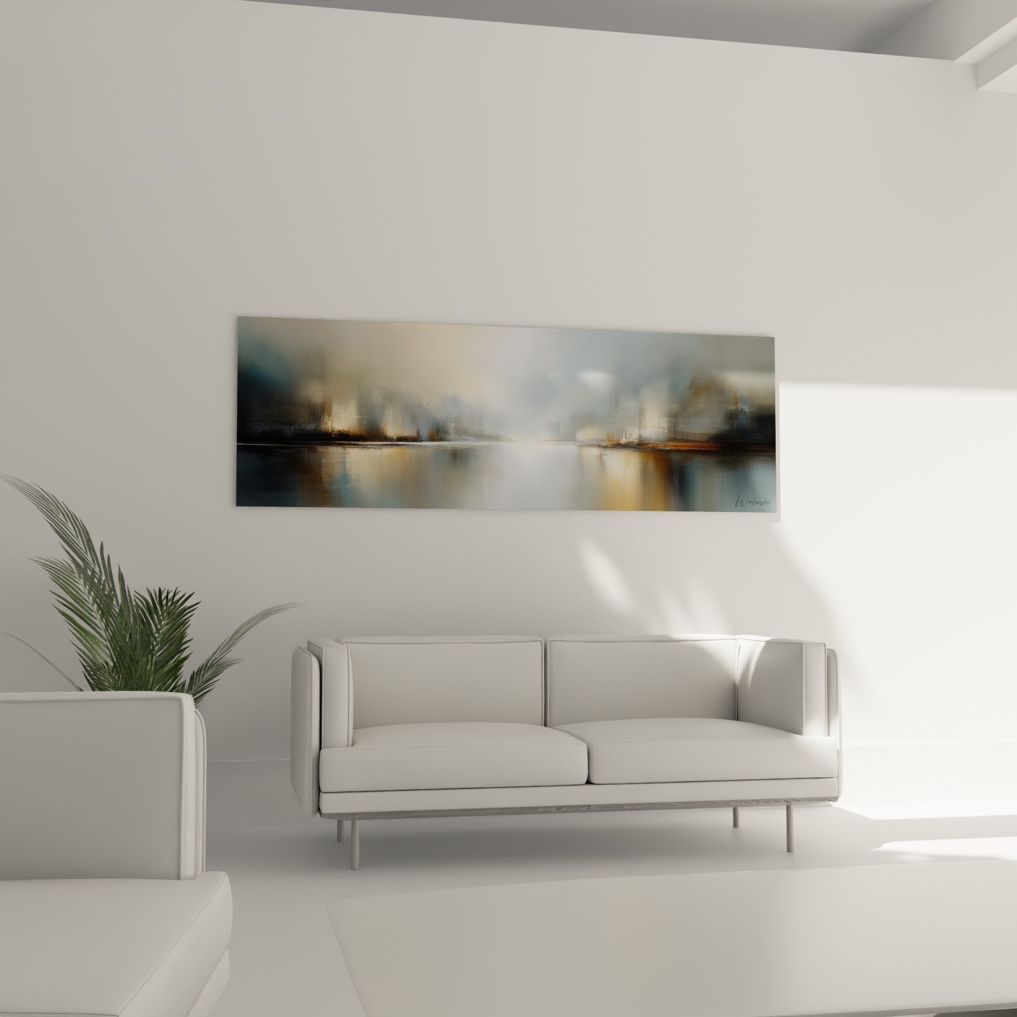 Detail of abstract painting showing blue and gold gradients, artistic blur technique and luminous reflections