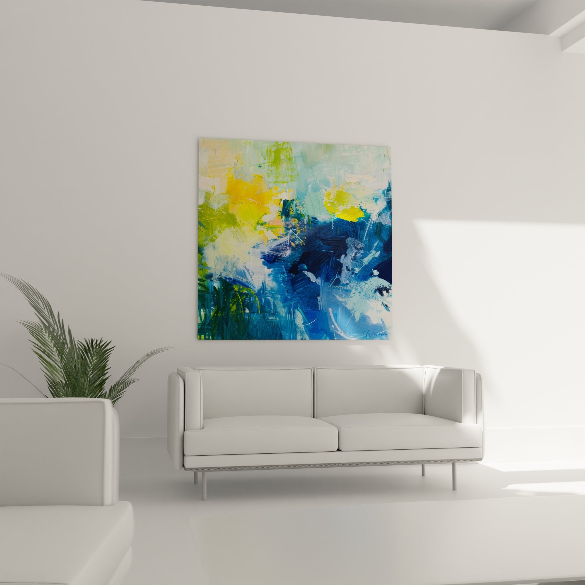 Détail gros plan peinture abstraite expressionniste texture bleu jaune