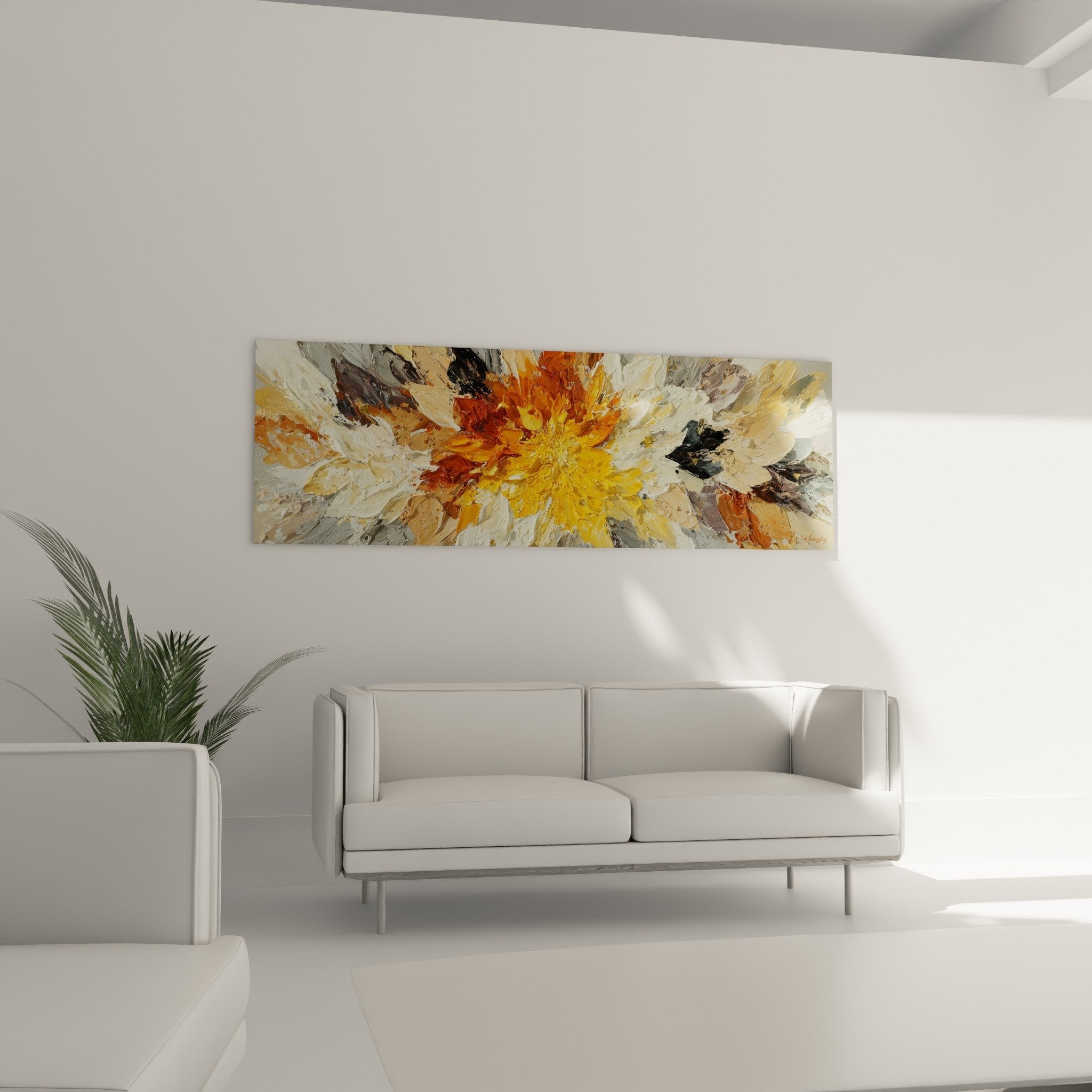 Détail rapproché peinture abstraite florale empâtements jaune doré orange texture matière feng shui