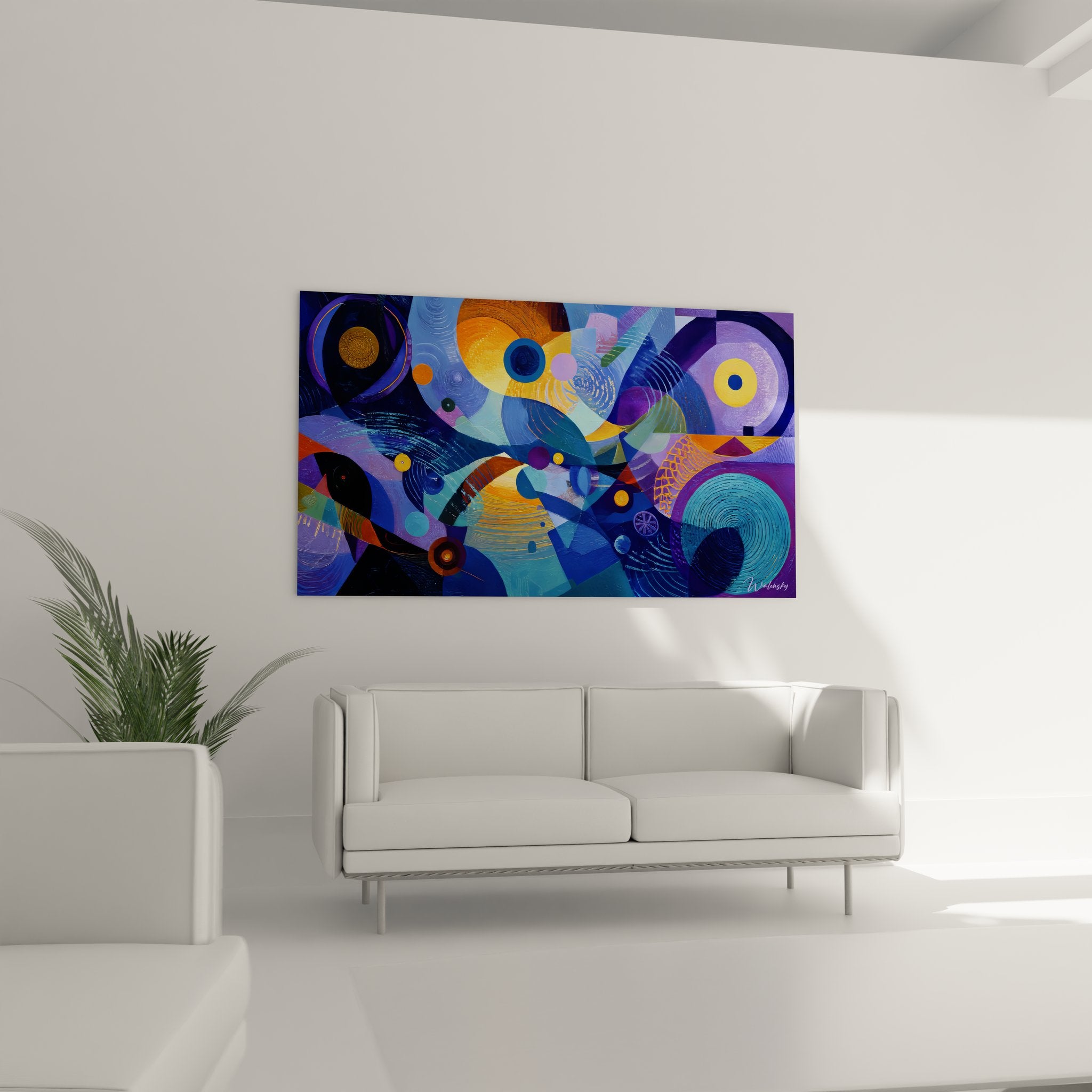 Détail gros plan peinture abstraite futuriste montrant cercles colorés et textures géométriques