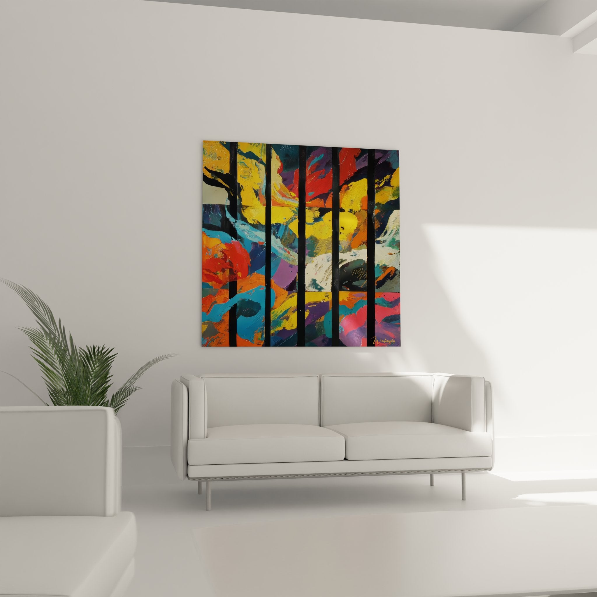 Détail gros plan peinture abstraite géométrique texture empâtée couleurs vives jaune bleu rouge