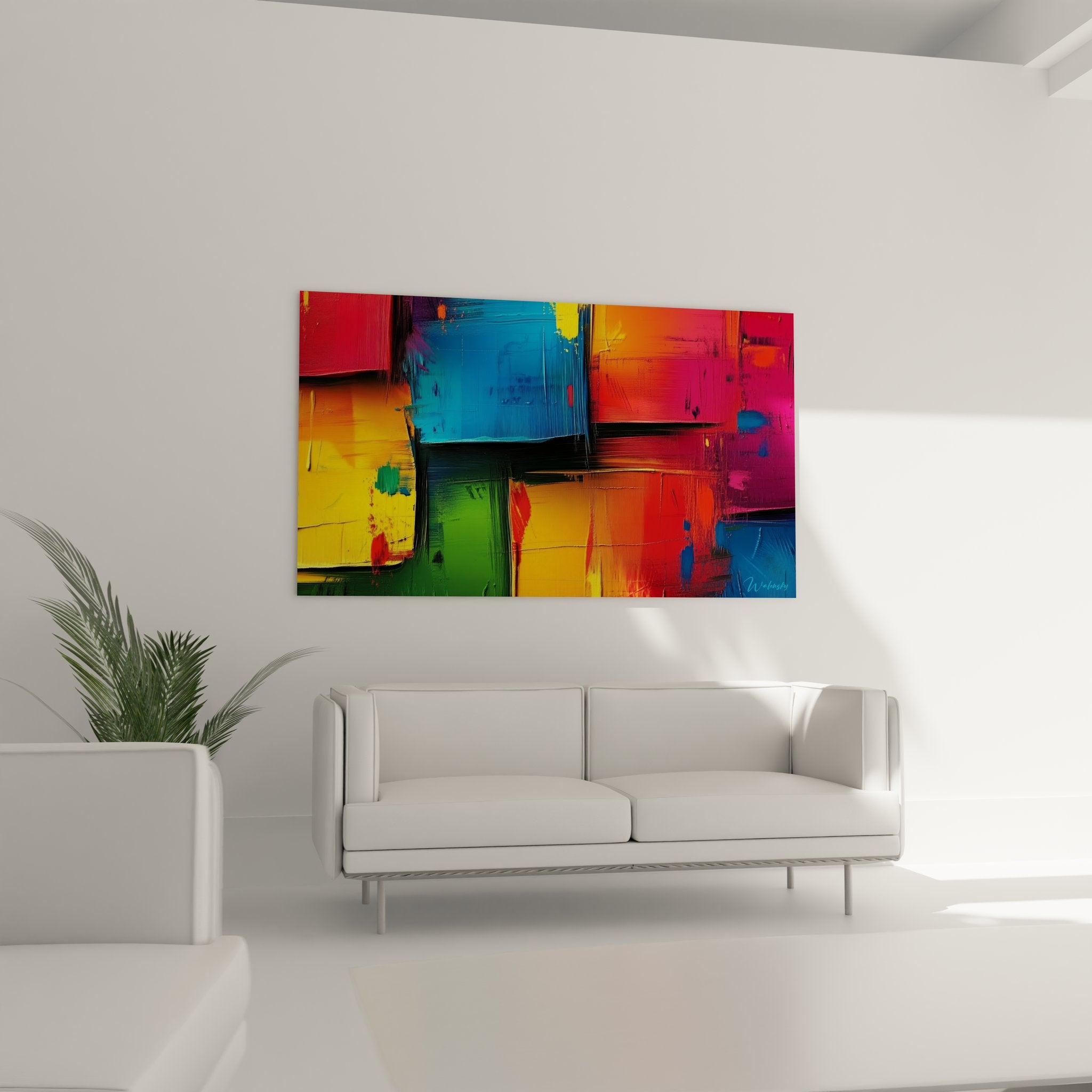 Gros plan détail peinture abstraite géométrique montrant textures et superpositions de couleurs vives