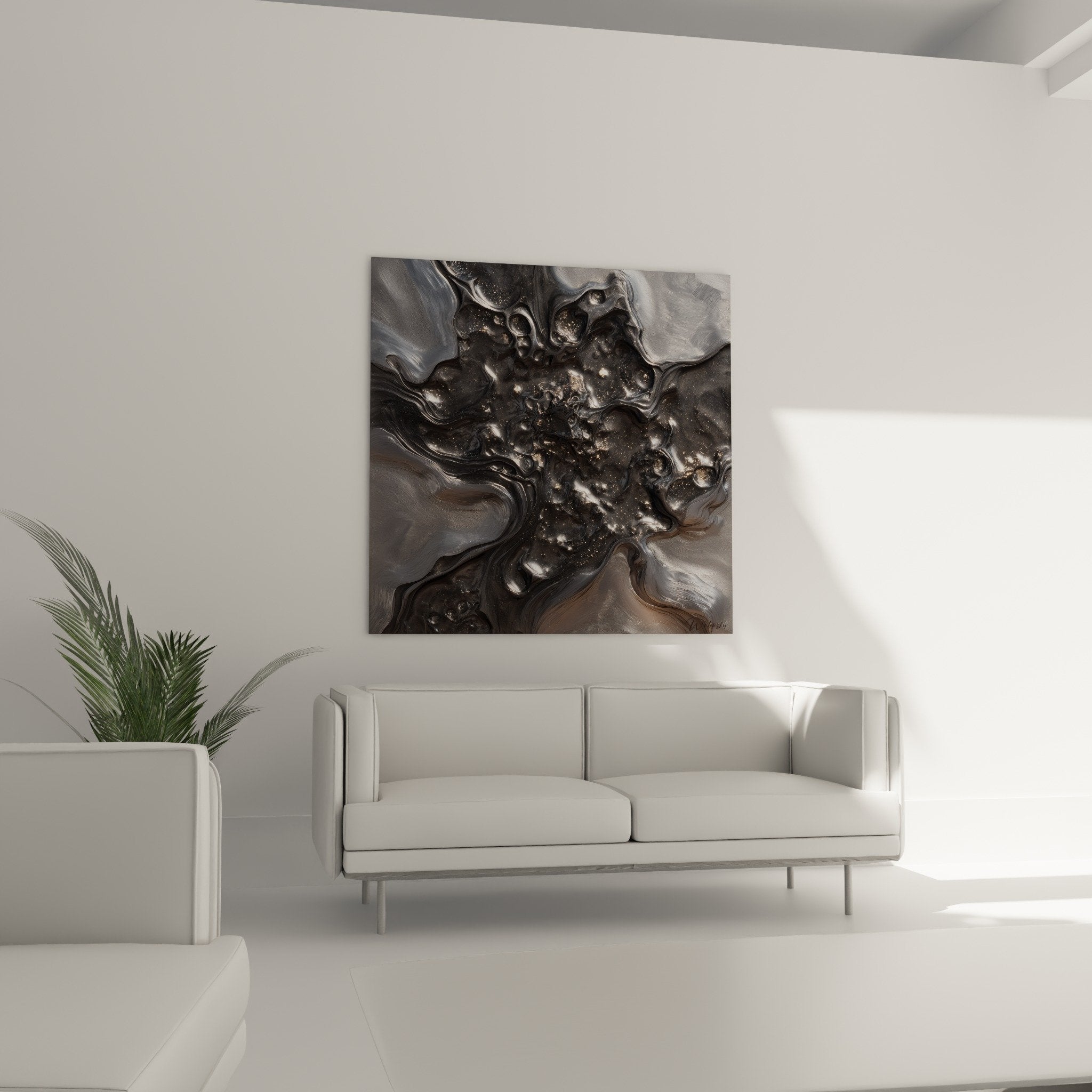 Close-up detail of abstract painting with metallic gray, shimmering golden particles and pearlescent reflections