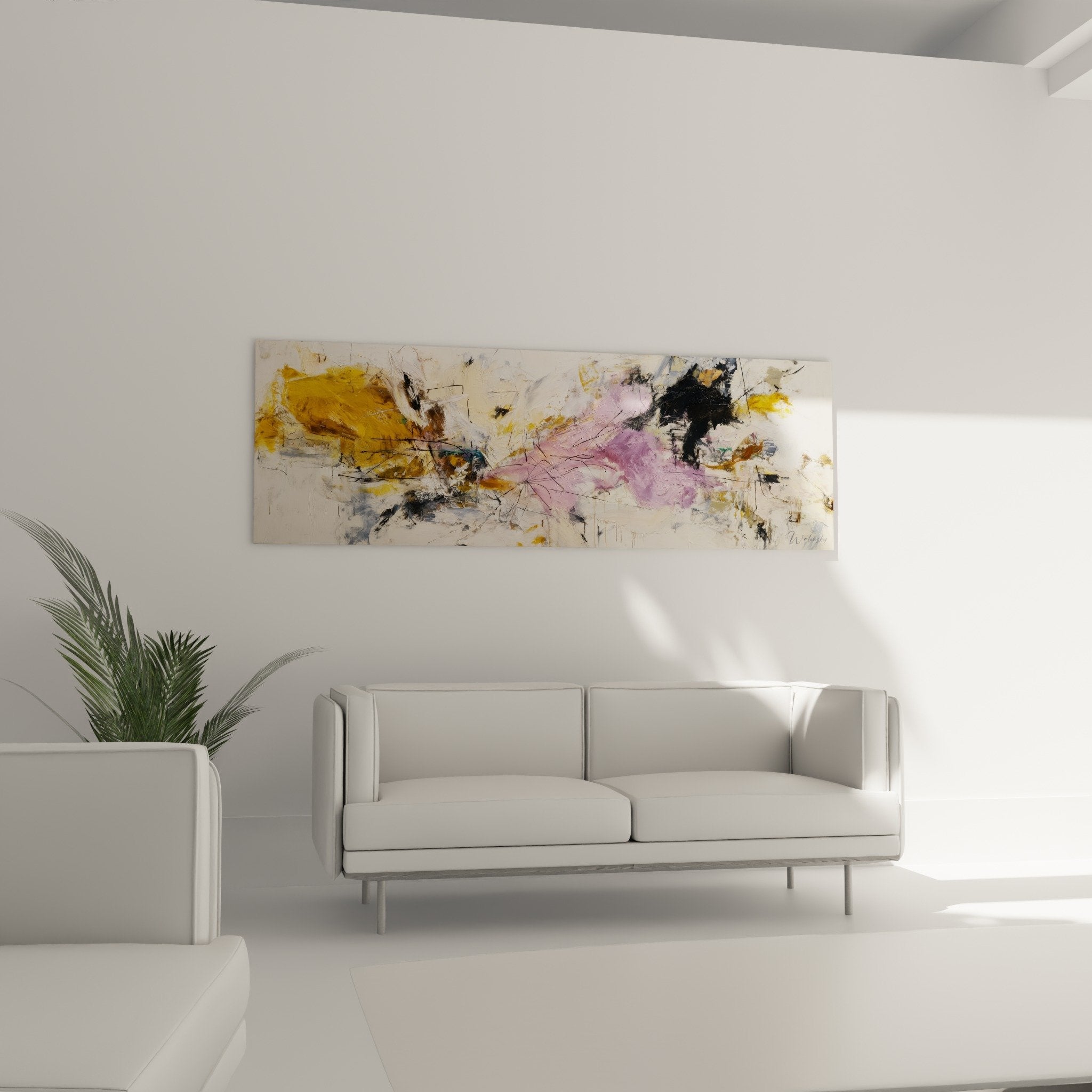 Vibrant yellow and purple color detail with gestural black brushstrokes - abstract painting texture