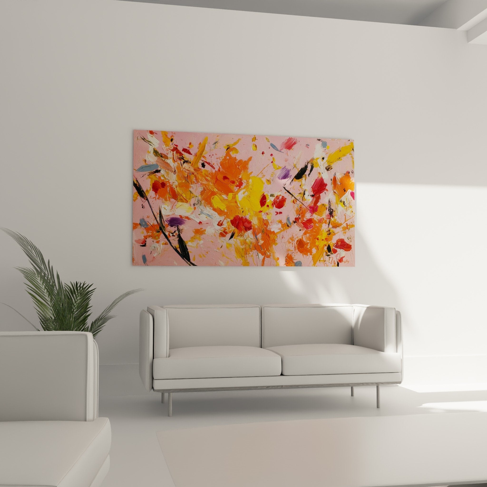 Detailaufnahme abstrakte orange-rosa Malerei, gestische Textur Pinselstriche Feng Shui Erde