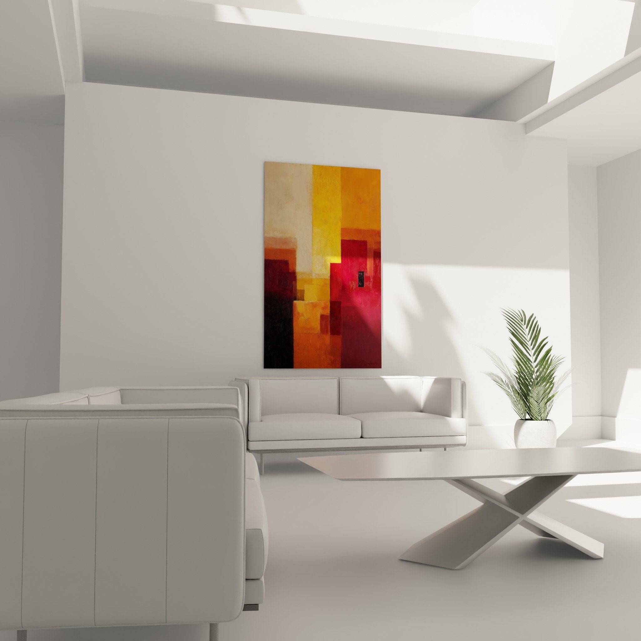Detail composition abstraite geometrique couleurs orange rouge jaune textures peinture