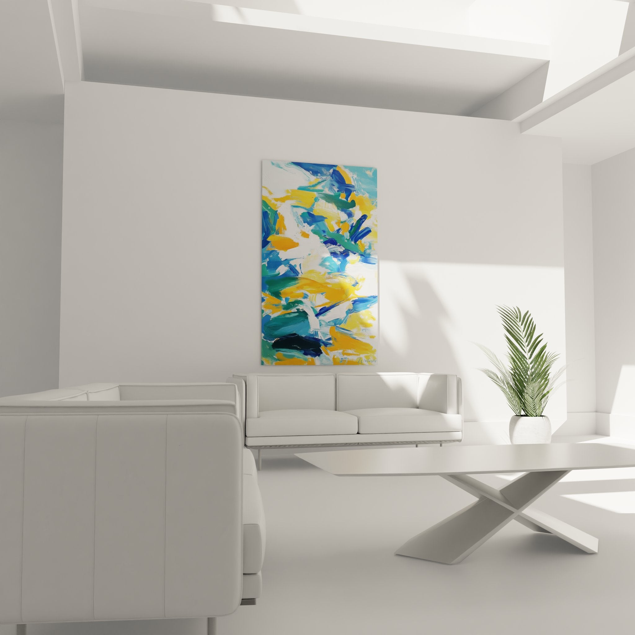 Détail gros plan peinture abstraite, texture empâtement couleurs vives bleu orange, art expressionniste moderne