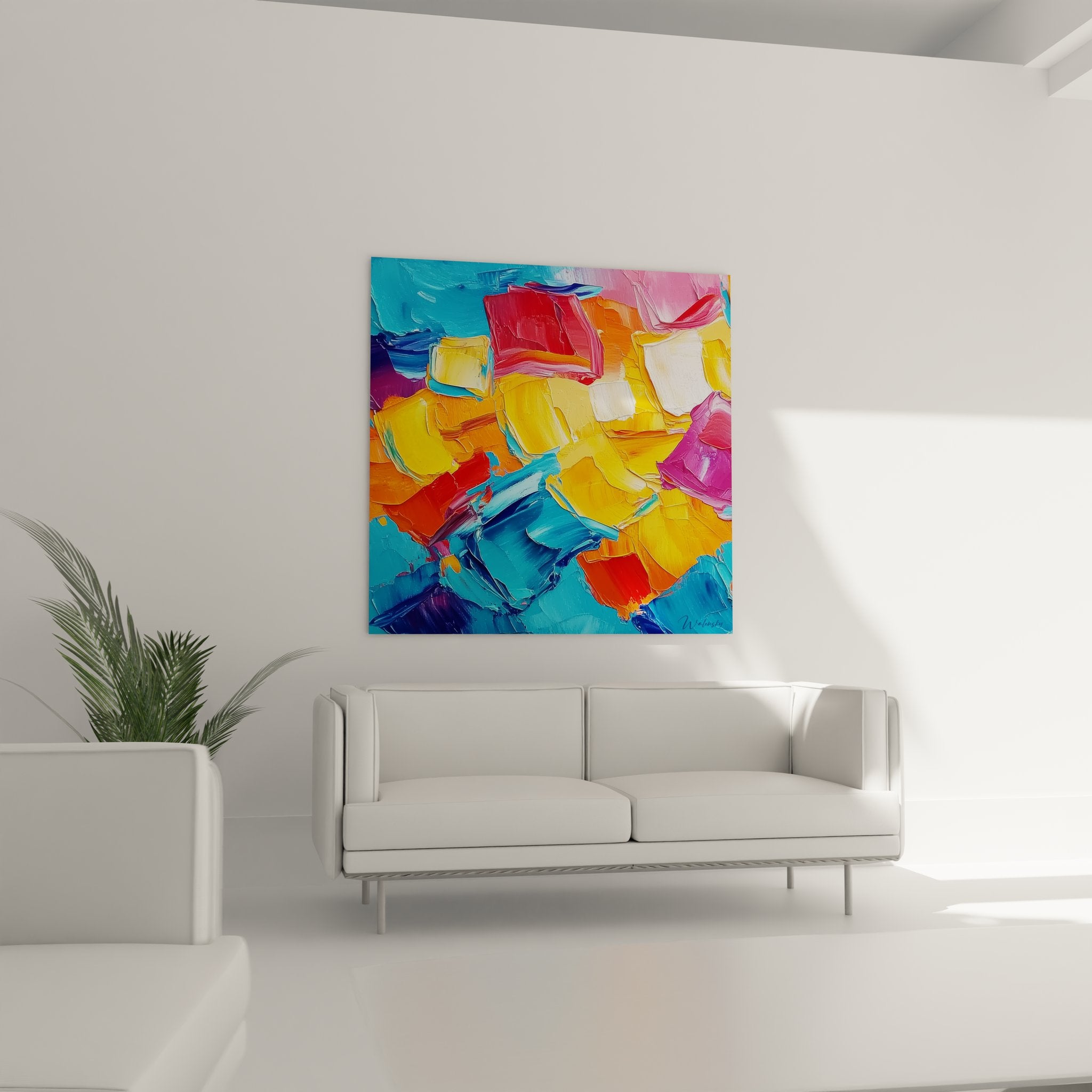 Détail gros plan peinture abstraite - texture empâtement et couleurs vives bleu orange rouge