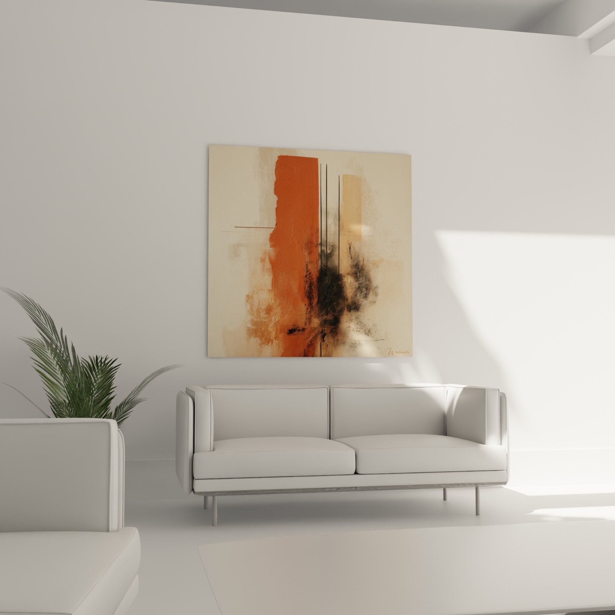 Détail rapproché peinture abstraite terre de Sienne, texture épaisse et coulées noires contrastées