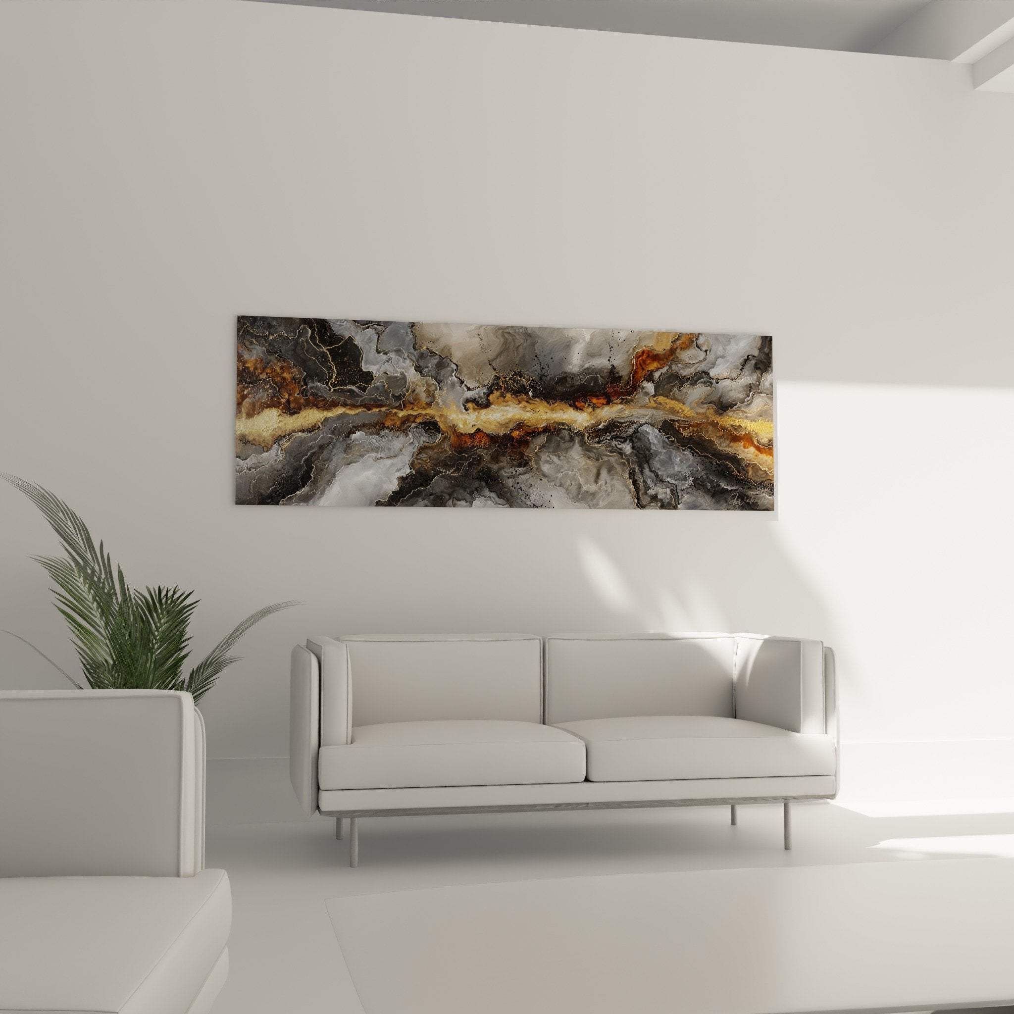 Close-up detail of abstract painting, gray metallic textures and golden drips, complex artistic finishes