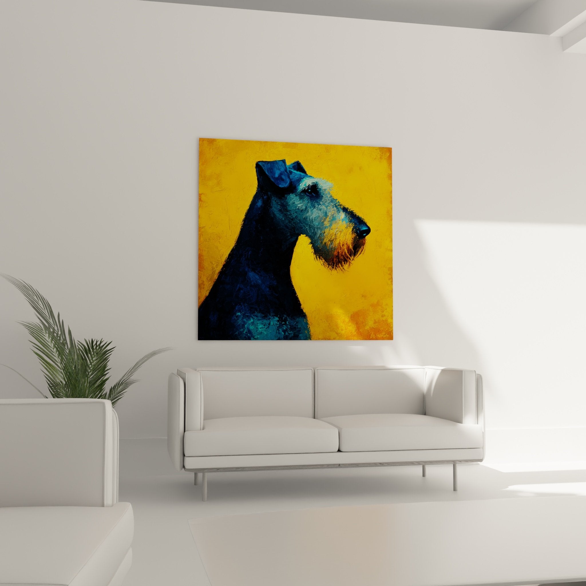 Detail peinture Airedale Terrier, empâtements bleus et textures pelage, technique picturale moderne chien