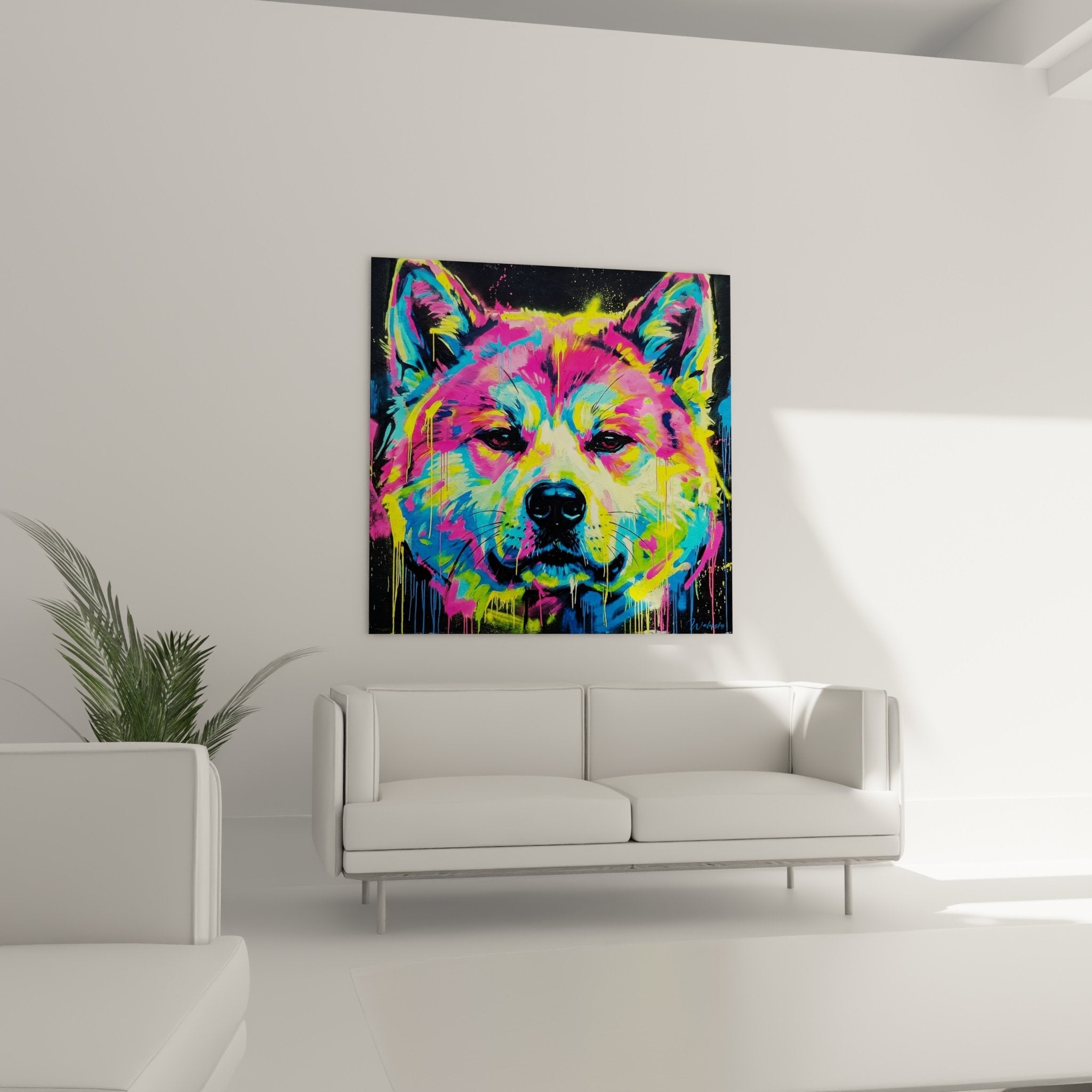 Détail gros plan tableau chien Akita Inu peinture coulures multicolores rose turquoise jaune néon