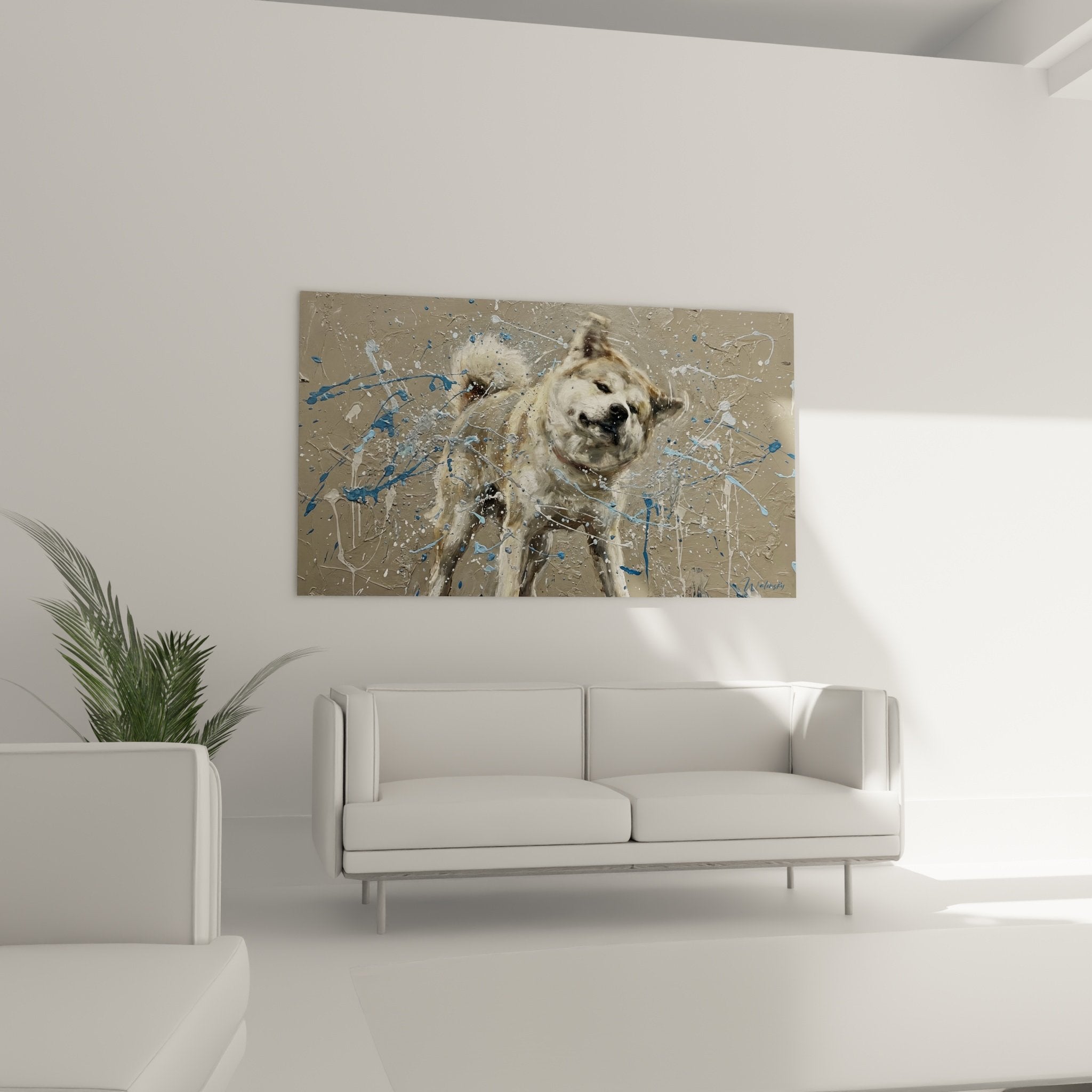 Détail peinture Akita Inu joyeux entouré projections eau bleue et blanche technique expressive