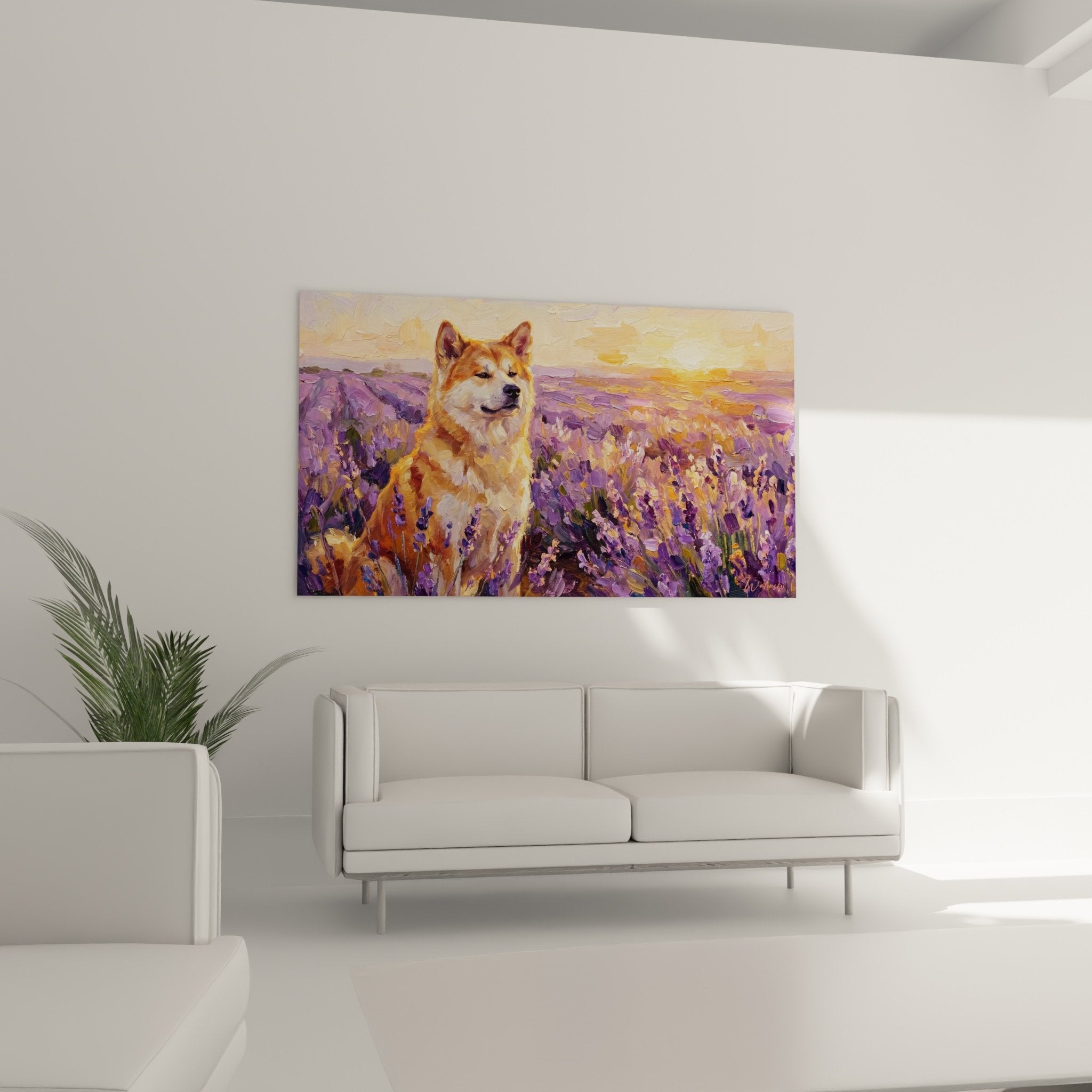 Akita Inu painting detail impasto strokes fawn coat lavender purple texture impressionist technique visible