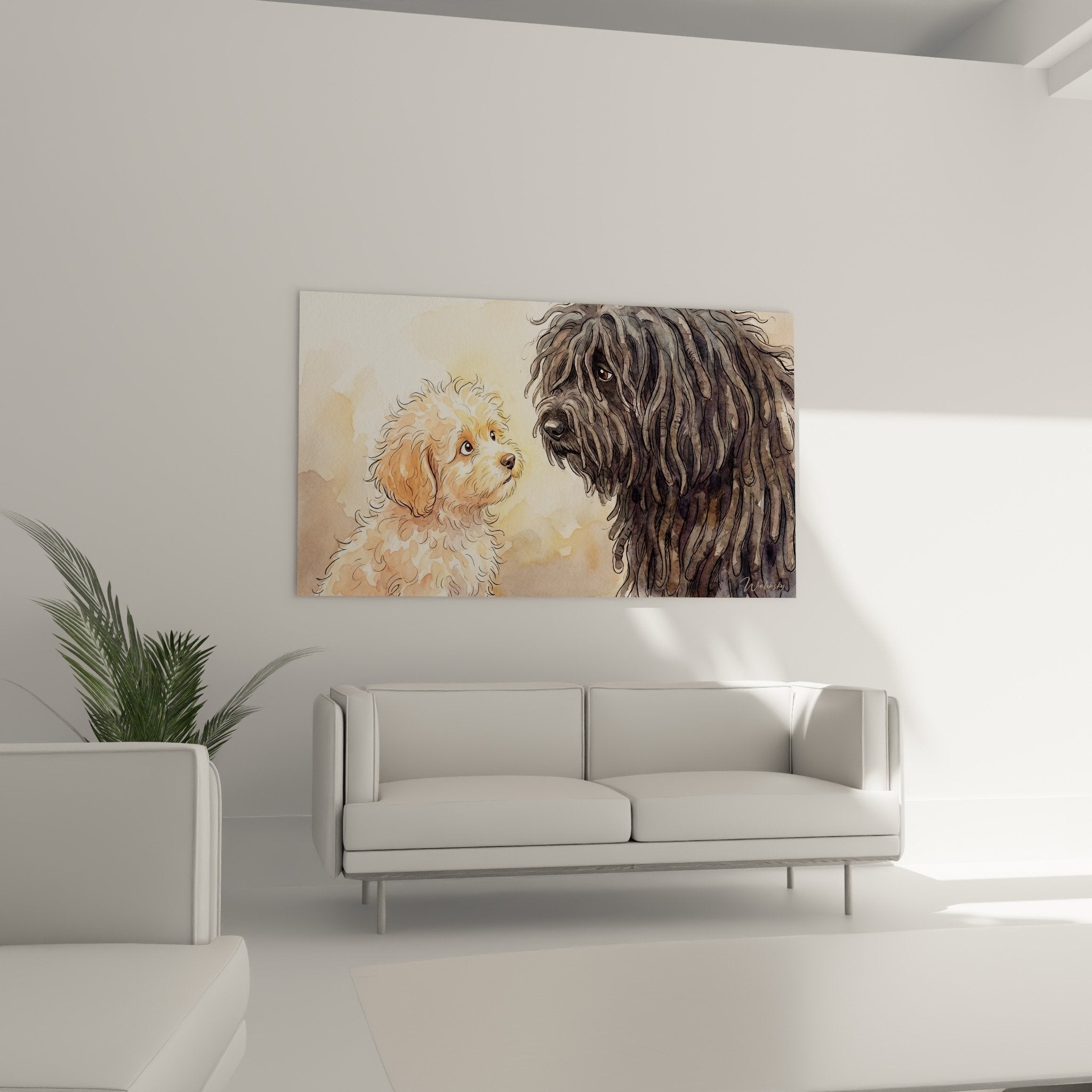 Nahaufnahme Aquarellmalerei Hund Puli dunkles Schnurhaar ausdrucksstarker Blick künstlerische Technik