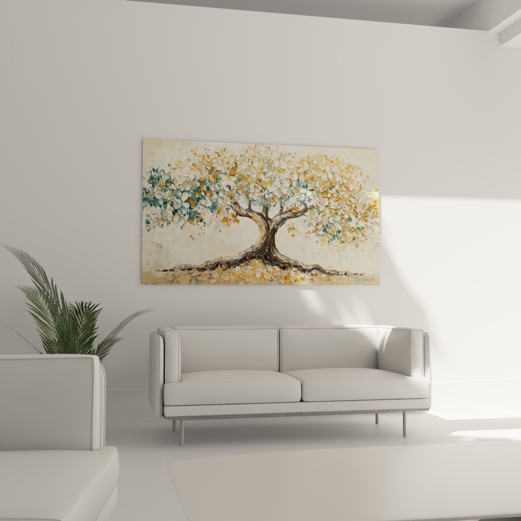 Détail peinture arbre de vie feuillage doré technique impressionniste touches libres expressives