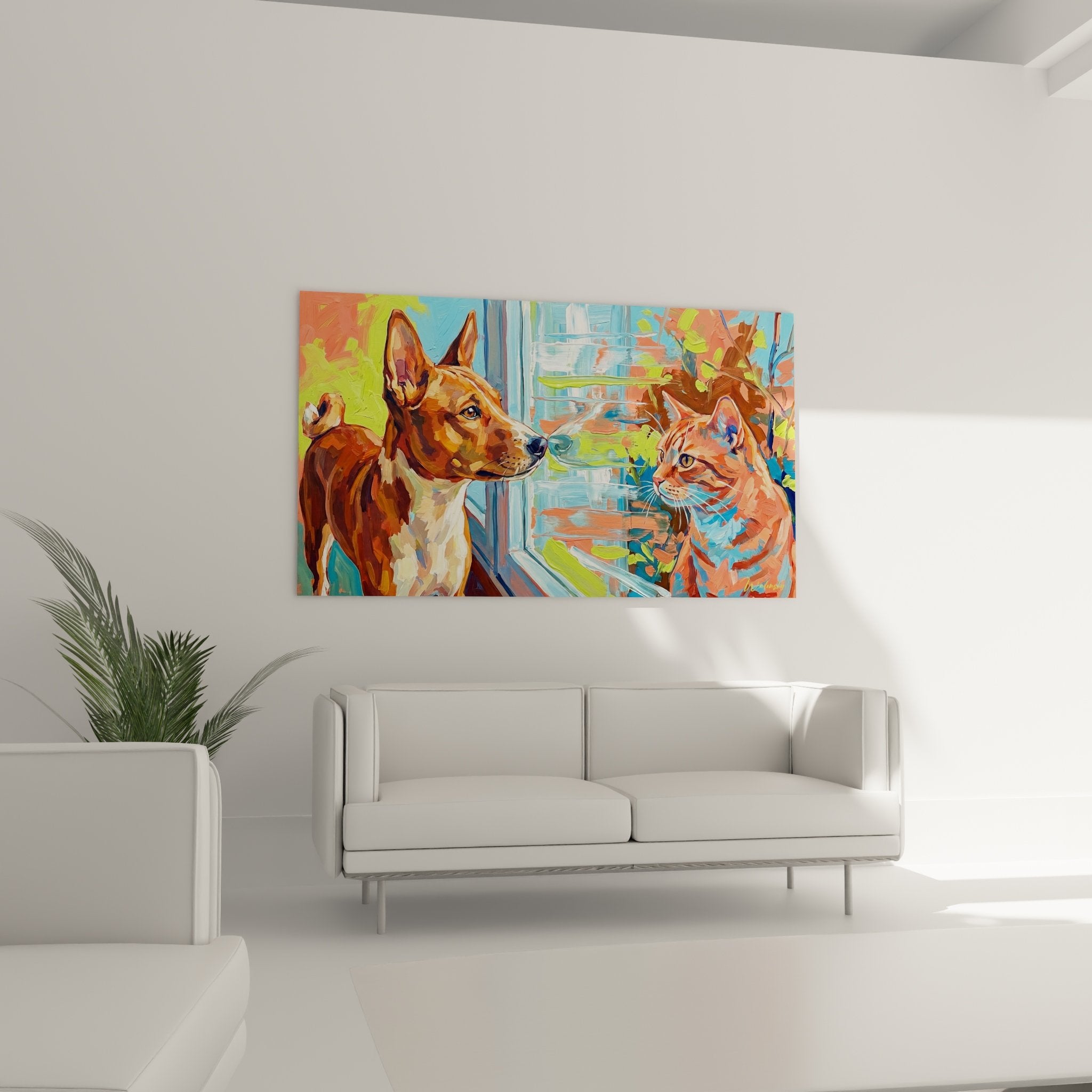 Dettaglio pittura espressionista Basenji con occhi blu e gatto tigrato colori vivaci tecnica pittorica