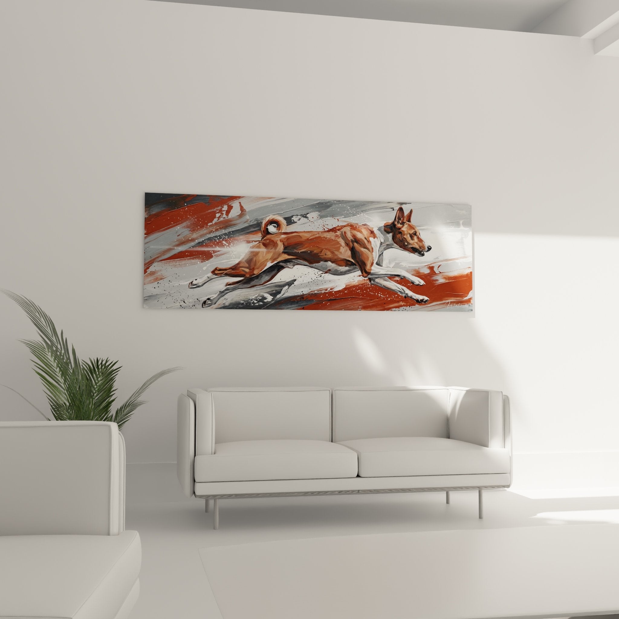 Detail peinture Basenji mouvement eclaboussures roux cuivre gris texture artistique moderne