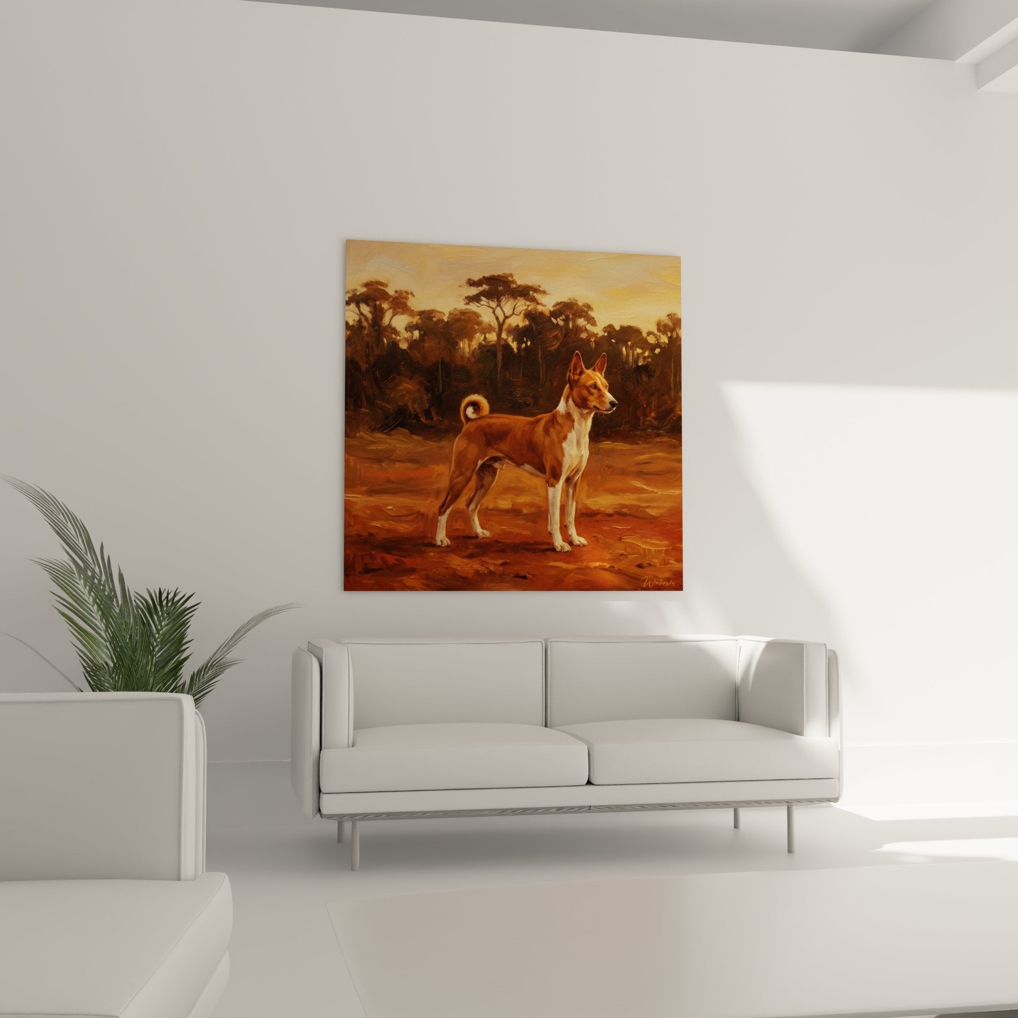Basenji painting detail russet and white coat realistic technique light and shadow play artistic quality